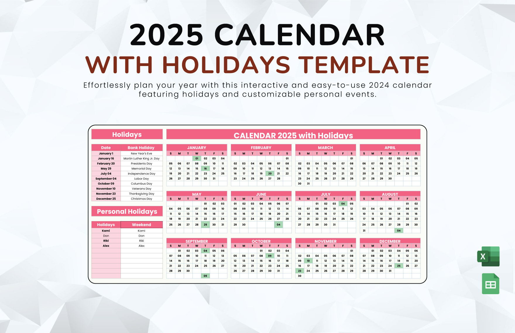 Printable Calendar Template 2025 With Holidays