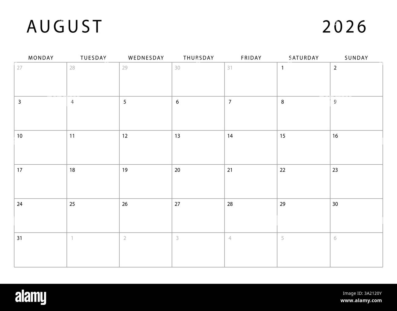 Aug Calendar 2026 Printable