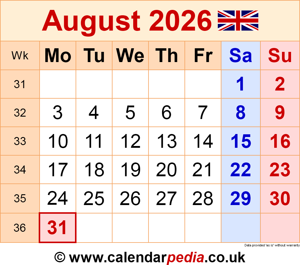 Calendar August 2026 UK With PDF Excel And Word Templates Calendar August 2026 UK With PDF Excel And Word Templates