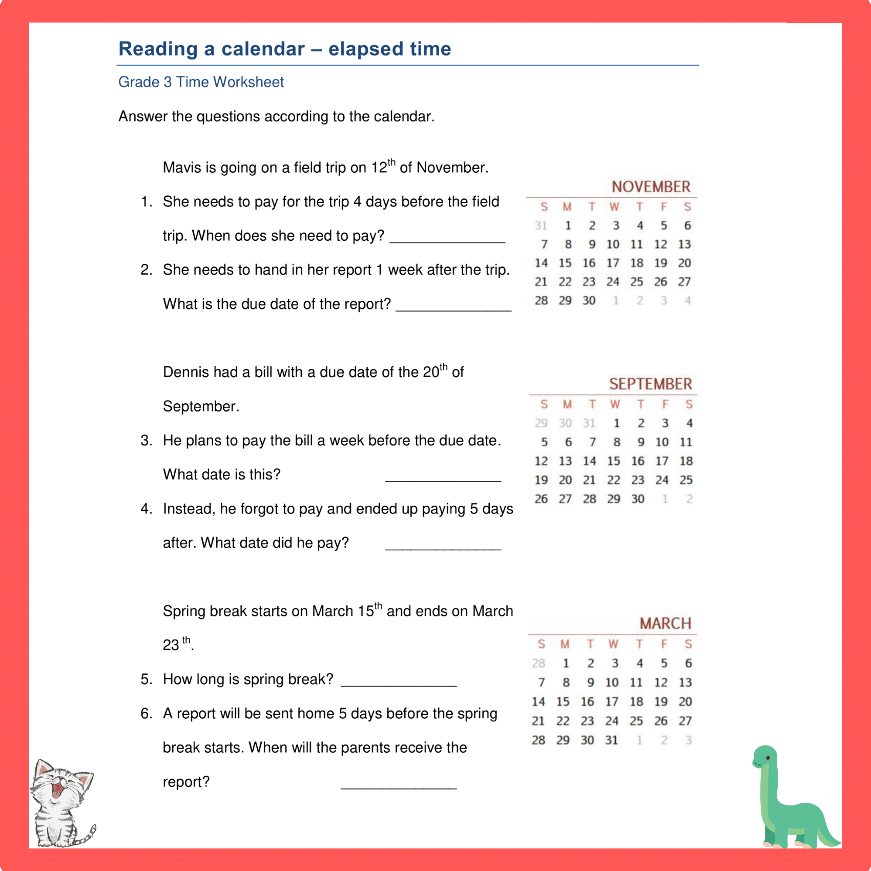 Printable Calendar Worksheets For 4rth Grade