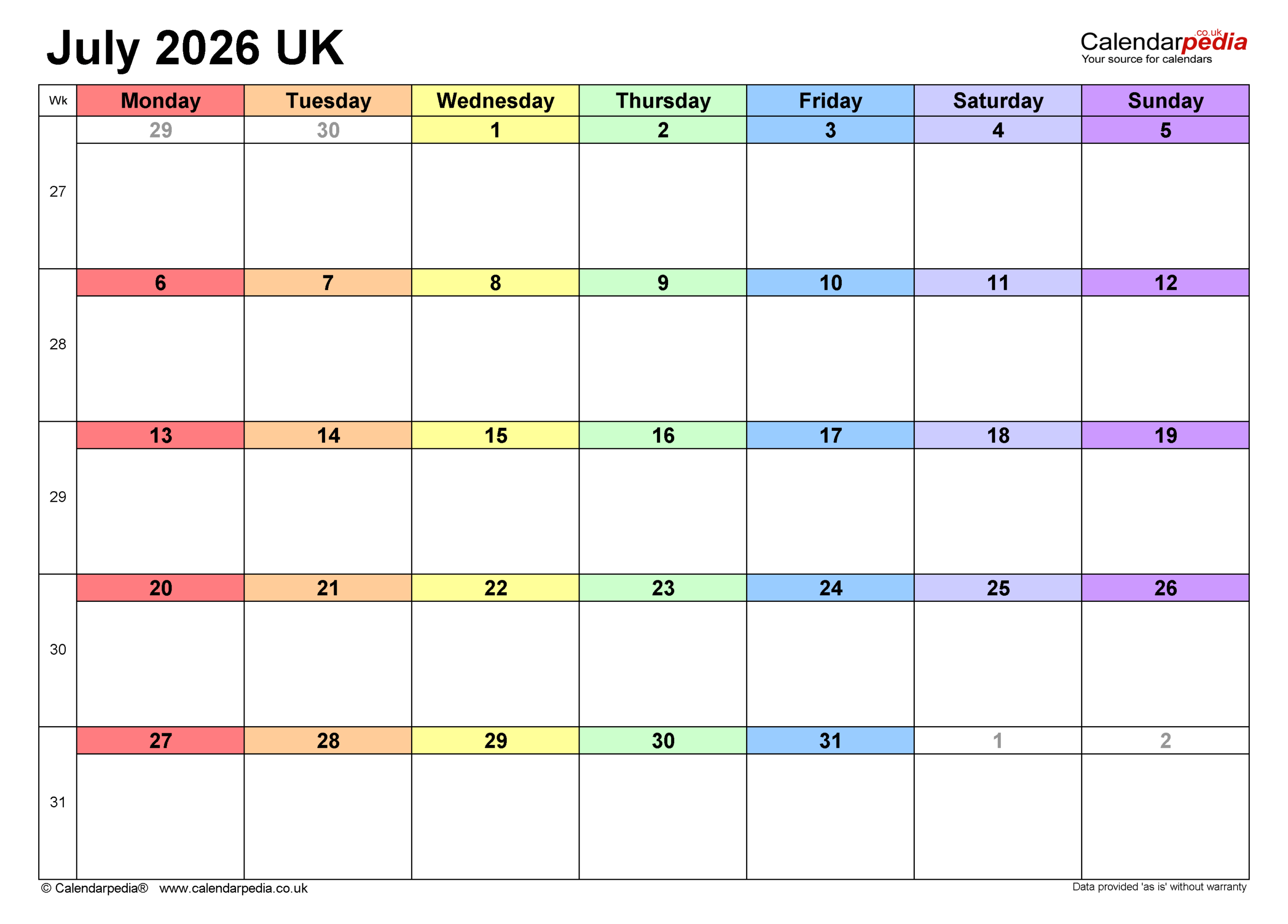 Calendar July 2026 UK With PDF Excel And Word Templates Calendar July 2026 UK With PDF Excel And Word Templates