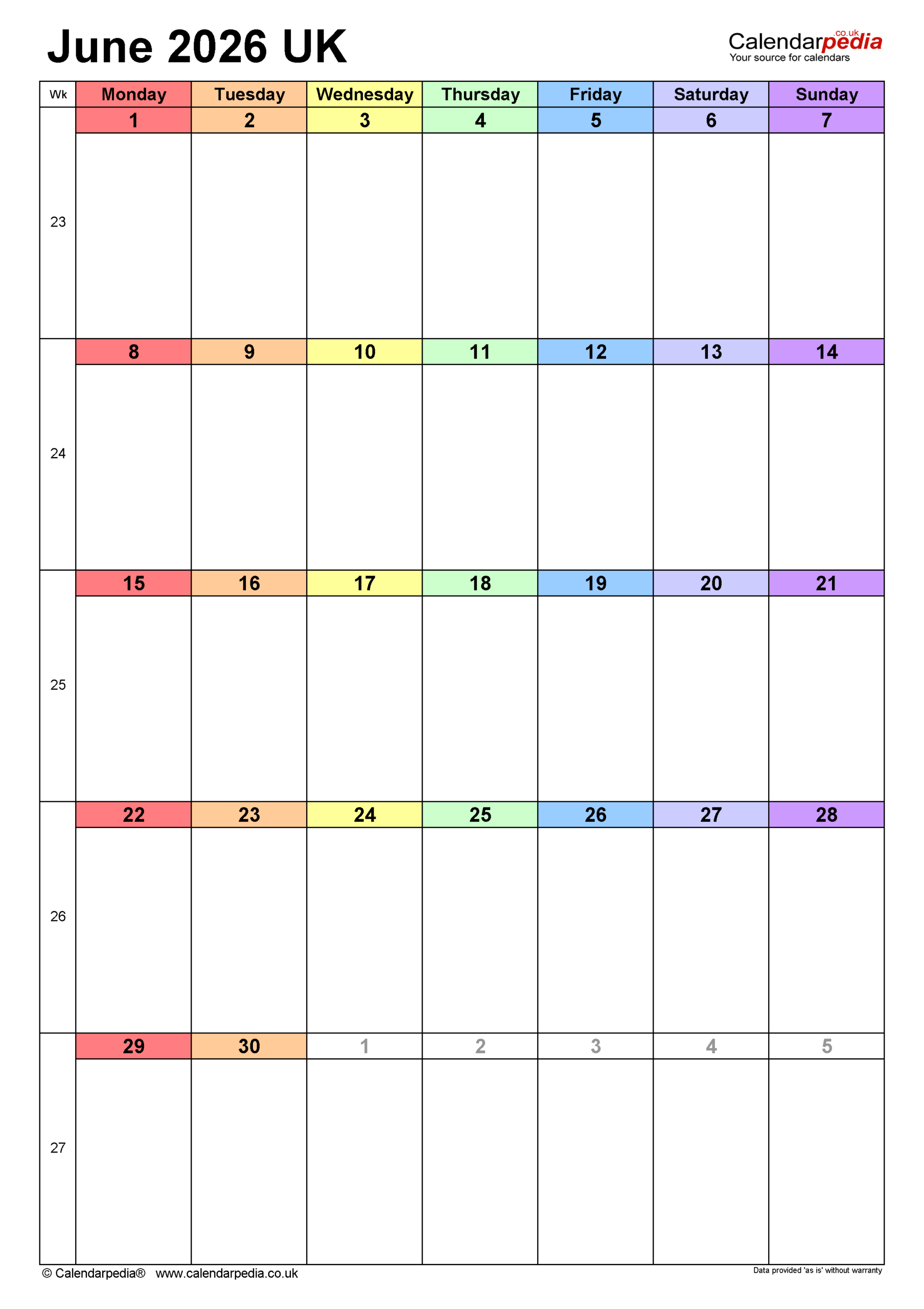 Calendar June 2026 UK With PDF Excel And Word Templates
