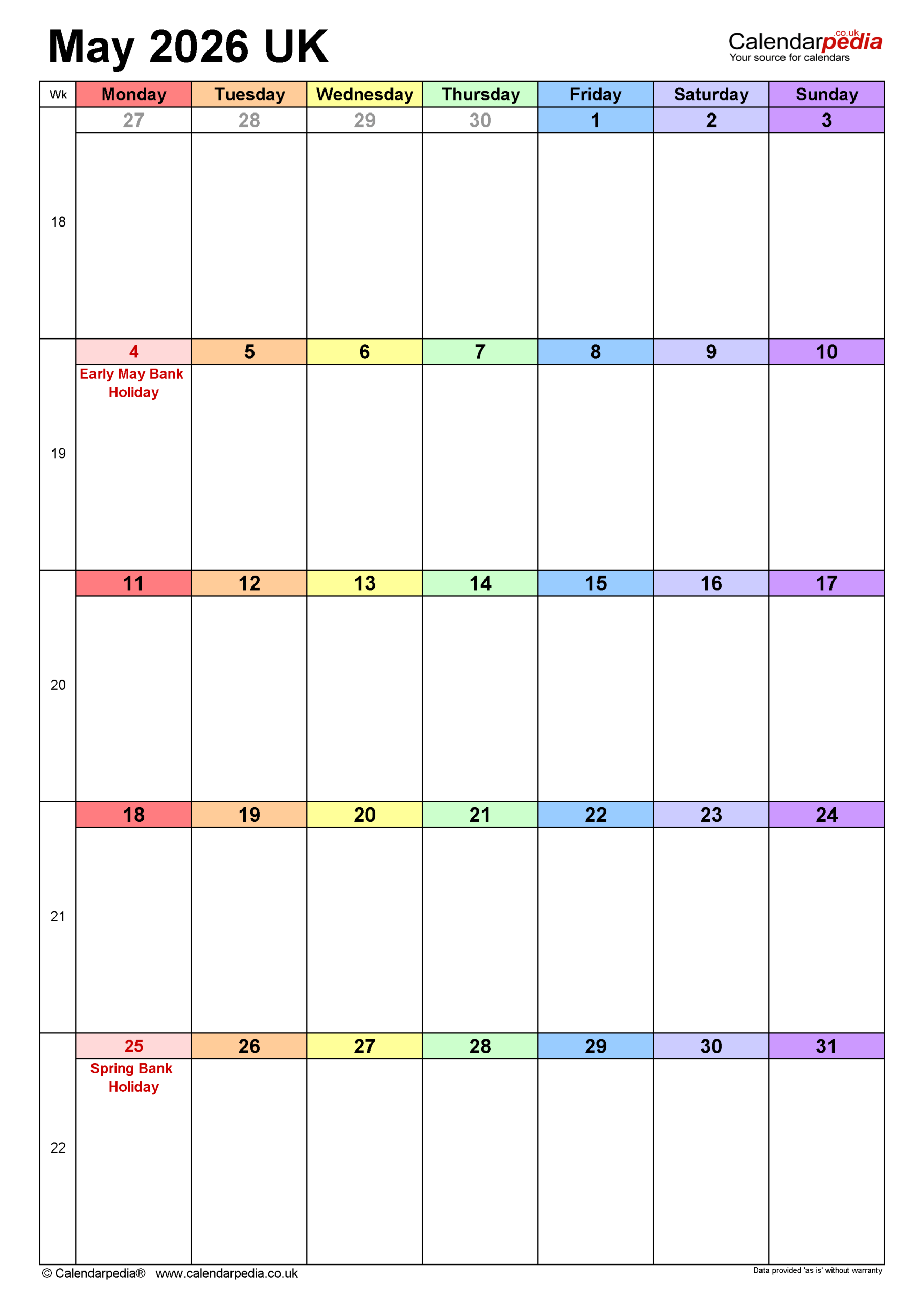 Calendar May 2026 UK With PDF Excel And Word Templates