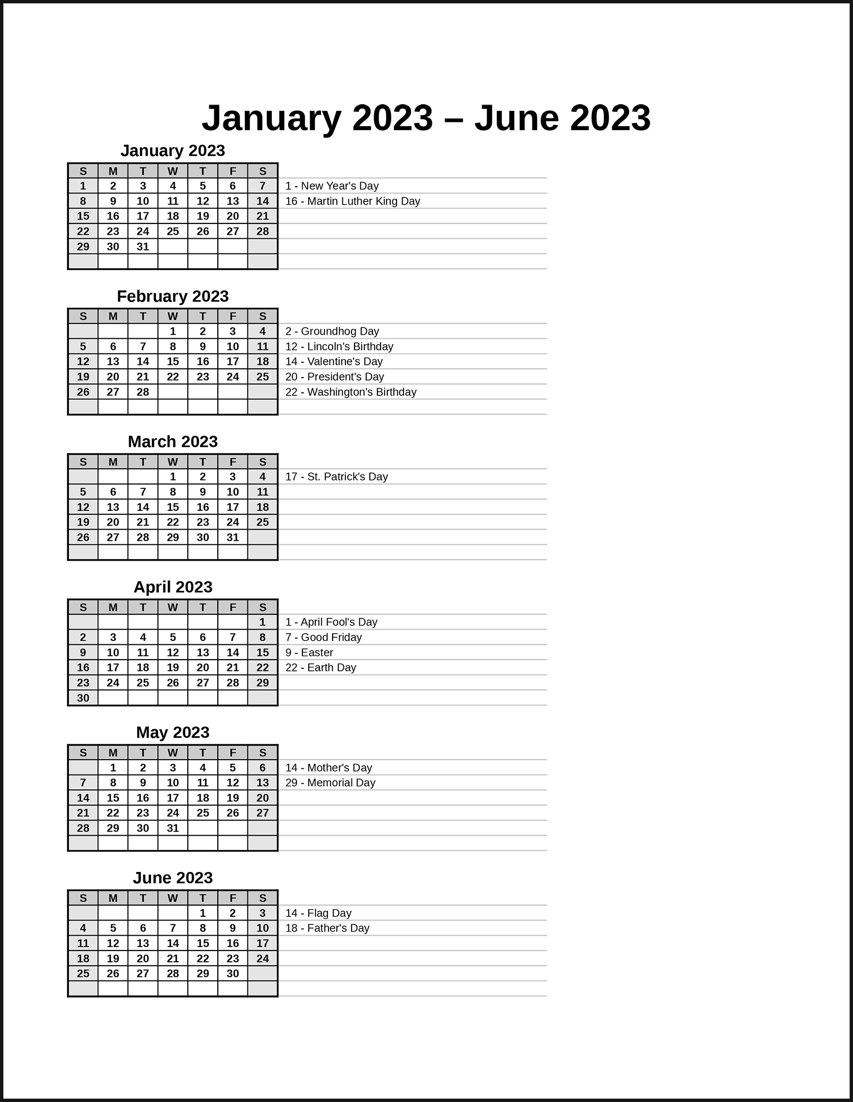 6 Month Printable Calendar