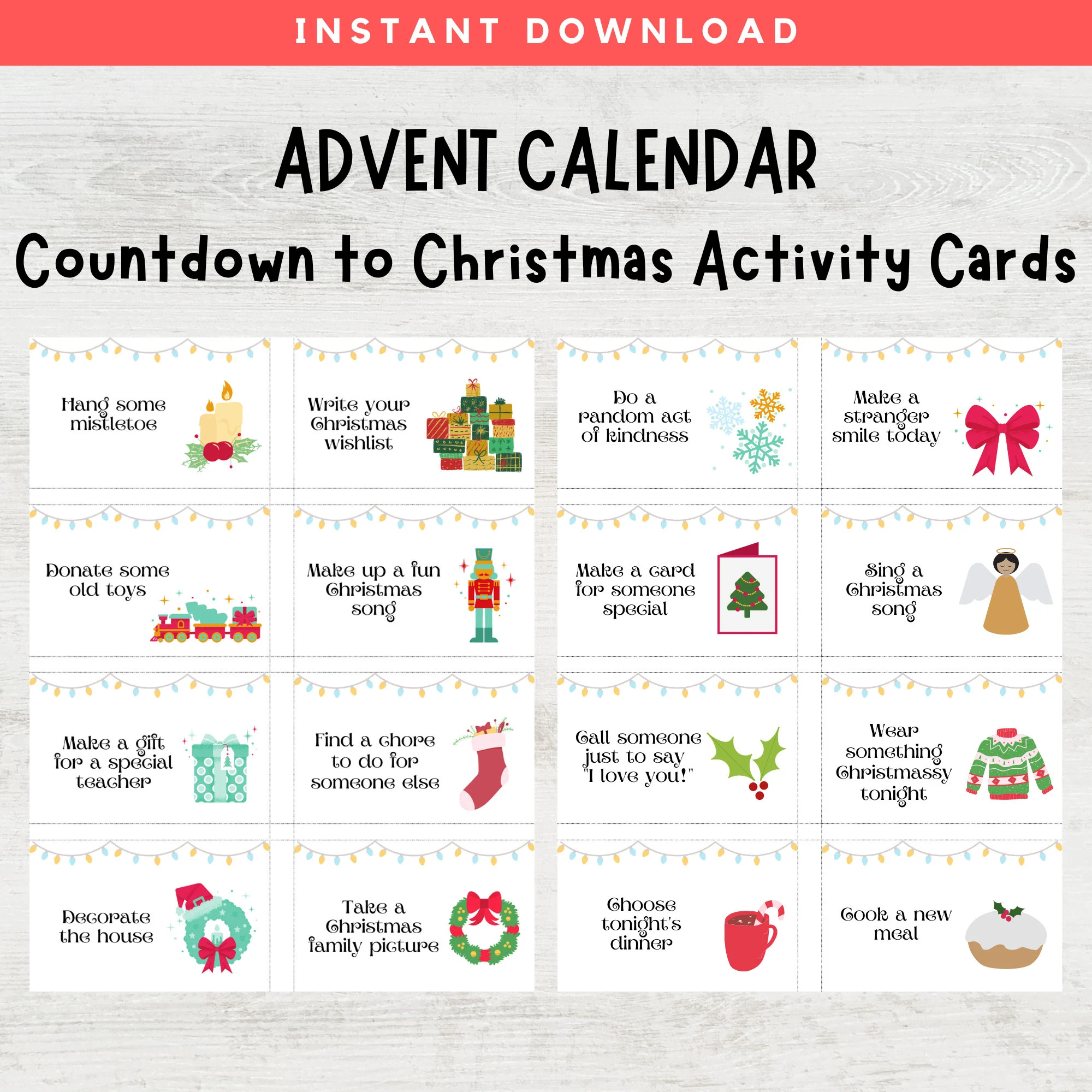 Christmas Advent Calendar Activity Cards Countdown To Christmas Printable Advent Activity Cards Christmas Activities For Kids Etsy