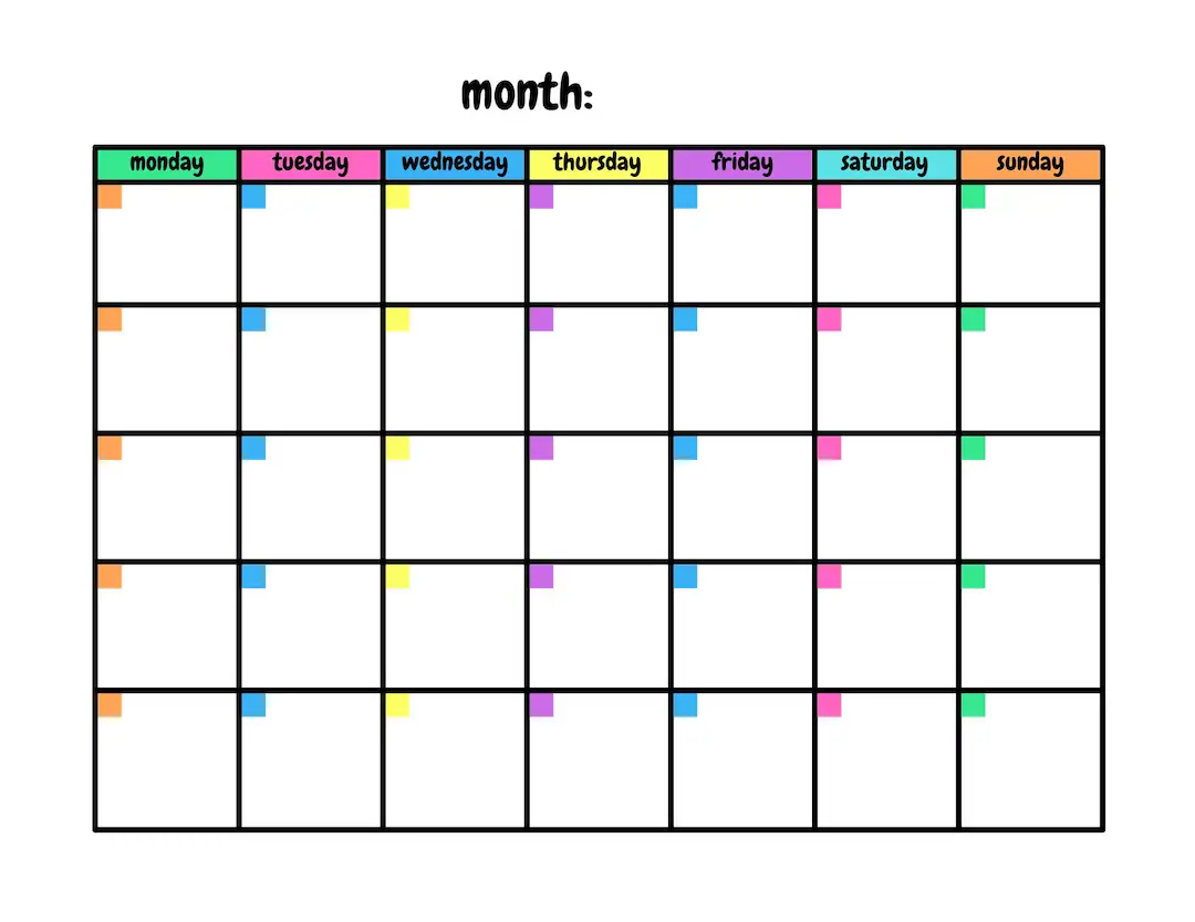 Colourful Blank Calendar Template 11 X 8 5 Inches Horizontal Printable Calendar Page PDF Printable Instant Download Etsy Colourful Blank Calendar Template 11 X 8 5 Inches Horizontal Printable Calendar Page PDF Printable Instant Download Etsy
