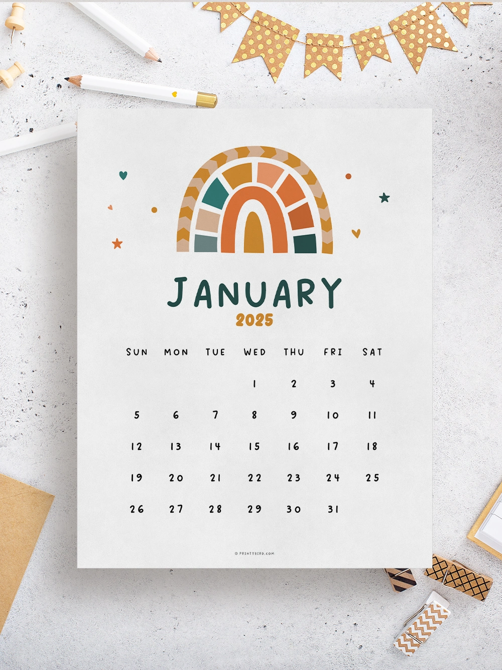 Cute Boho Rainbow Calendar 2025 PrintyBird