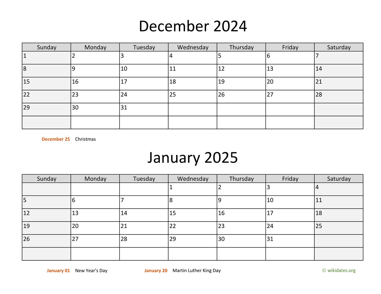 december 2024 and january 2025 calendar wikidates