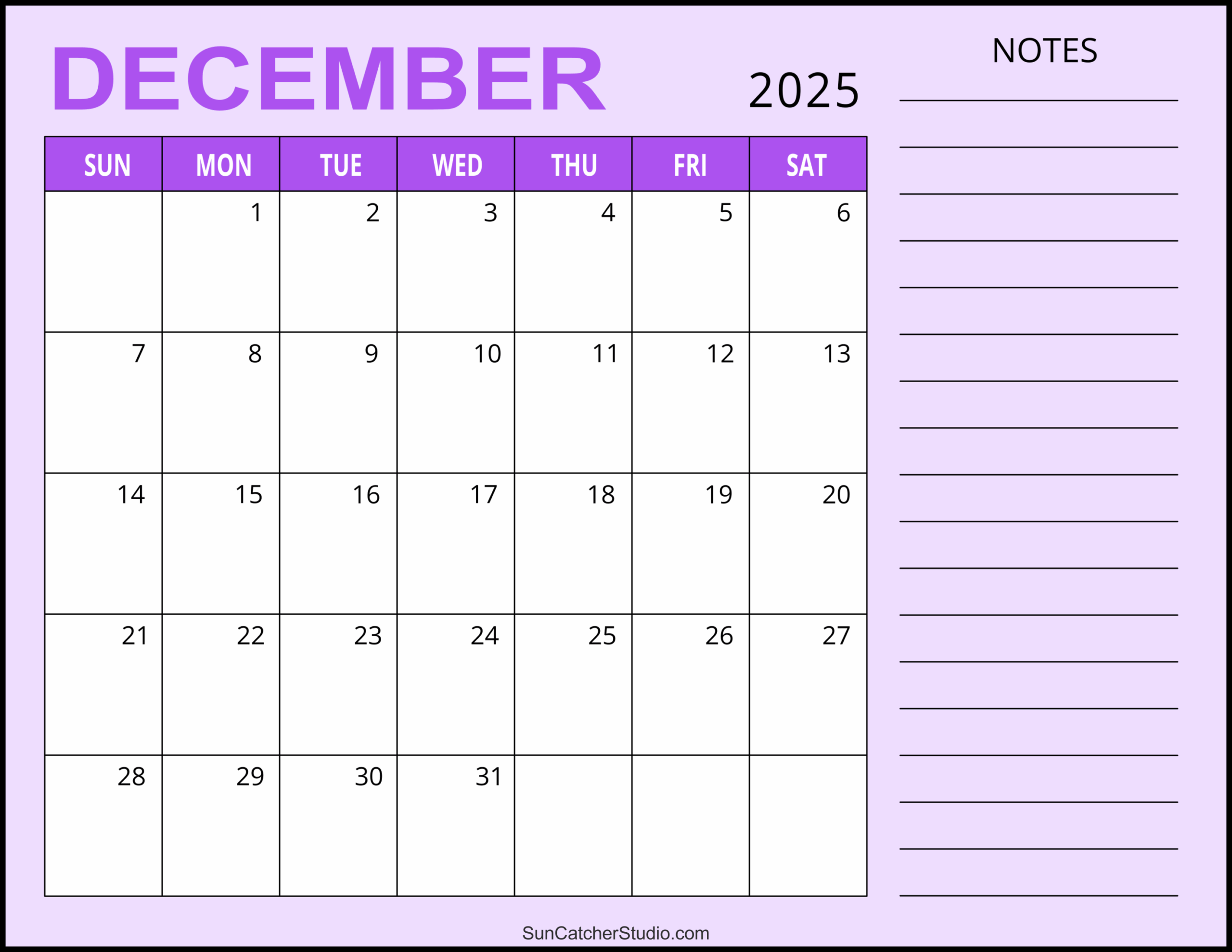 December 2025 Calendar Free Printable