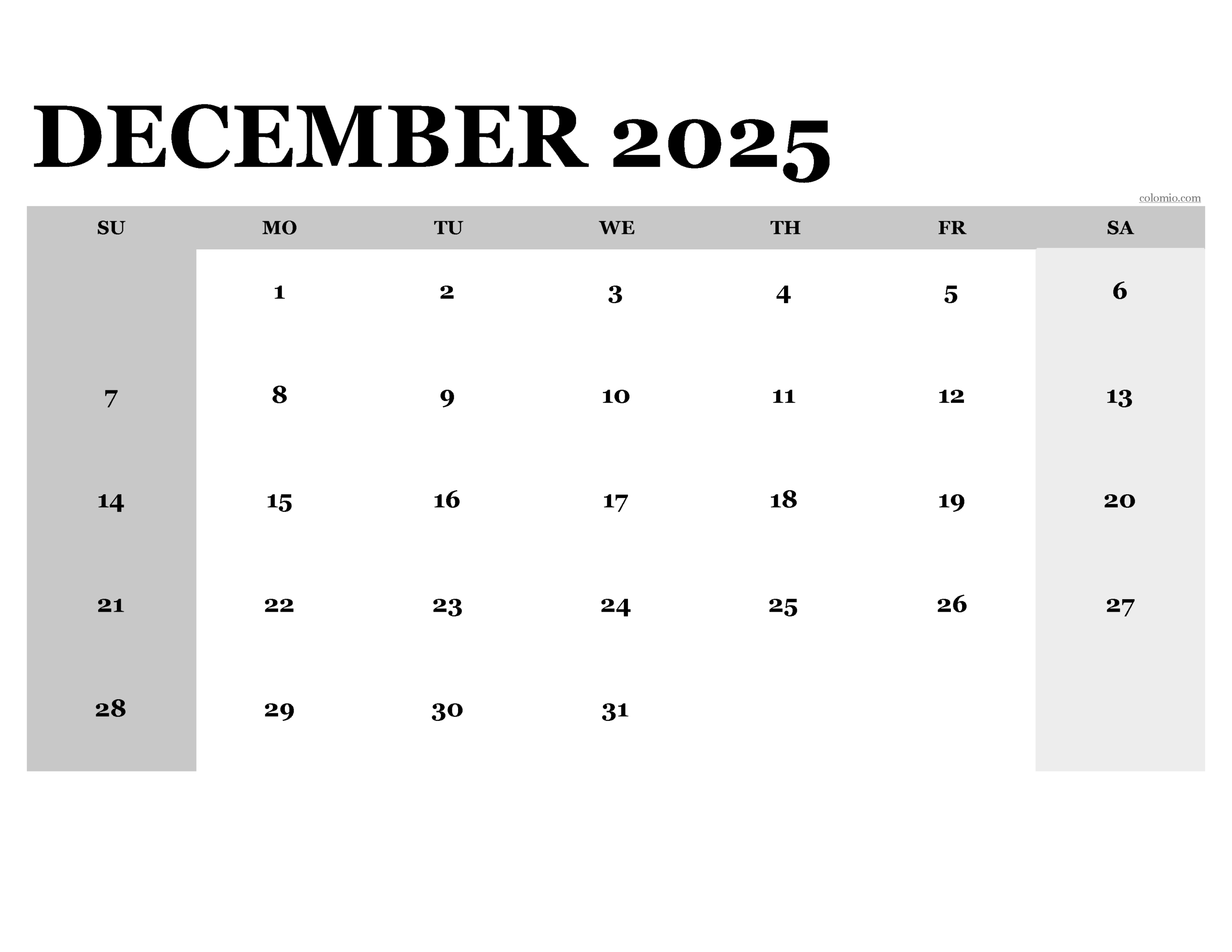 Dec 2025 Printable Calendar Vertical Blank