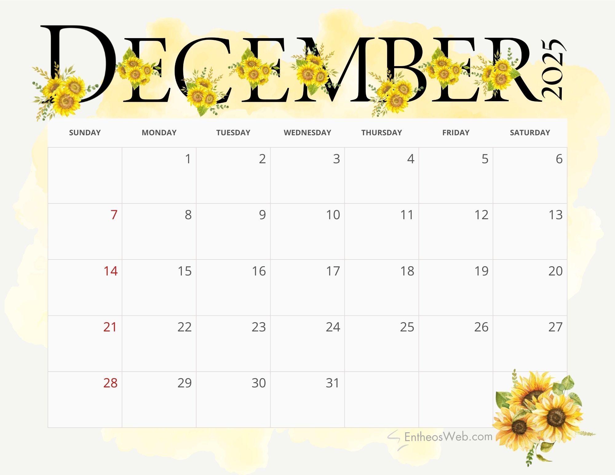 Calendar For December 2025 Printable