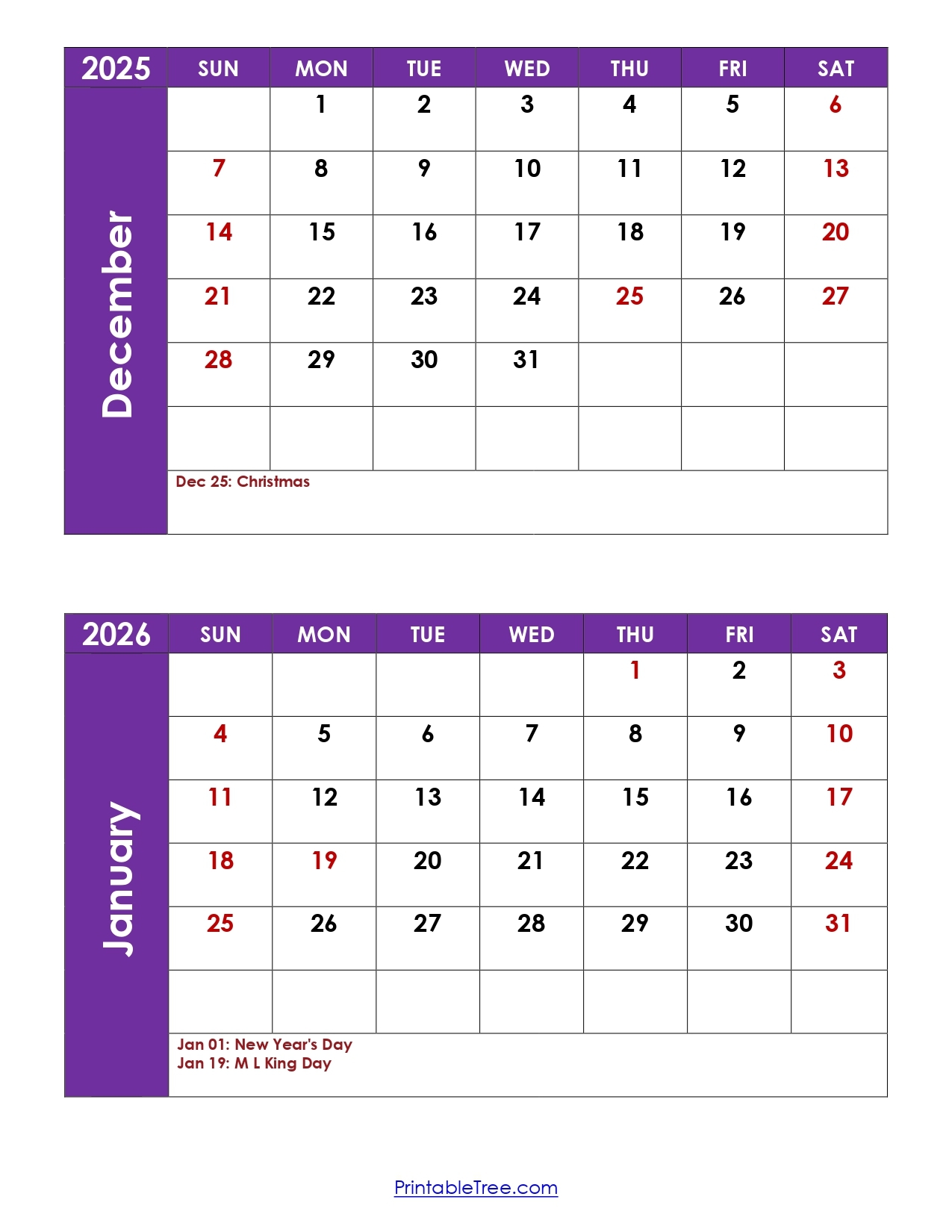 December And January 2026 Calendar Printable PDF Two Months Calendar December And January 2026 Calendar Printable PDF Two Months Calendar
