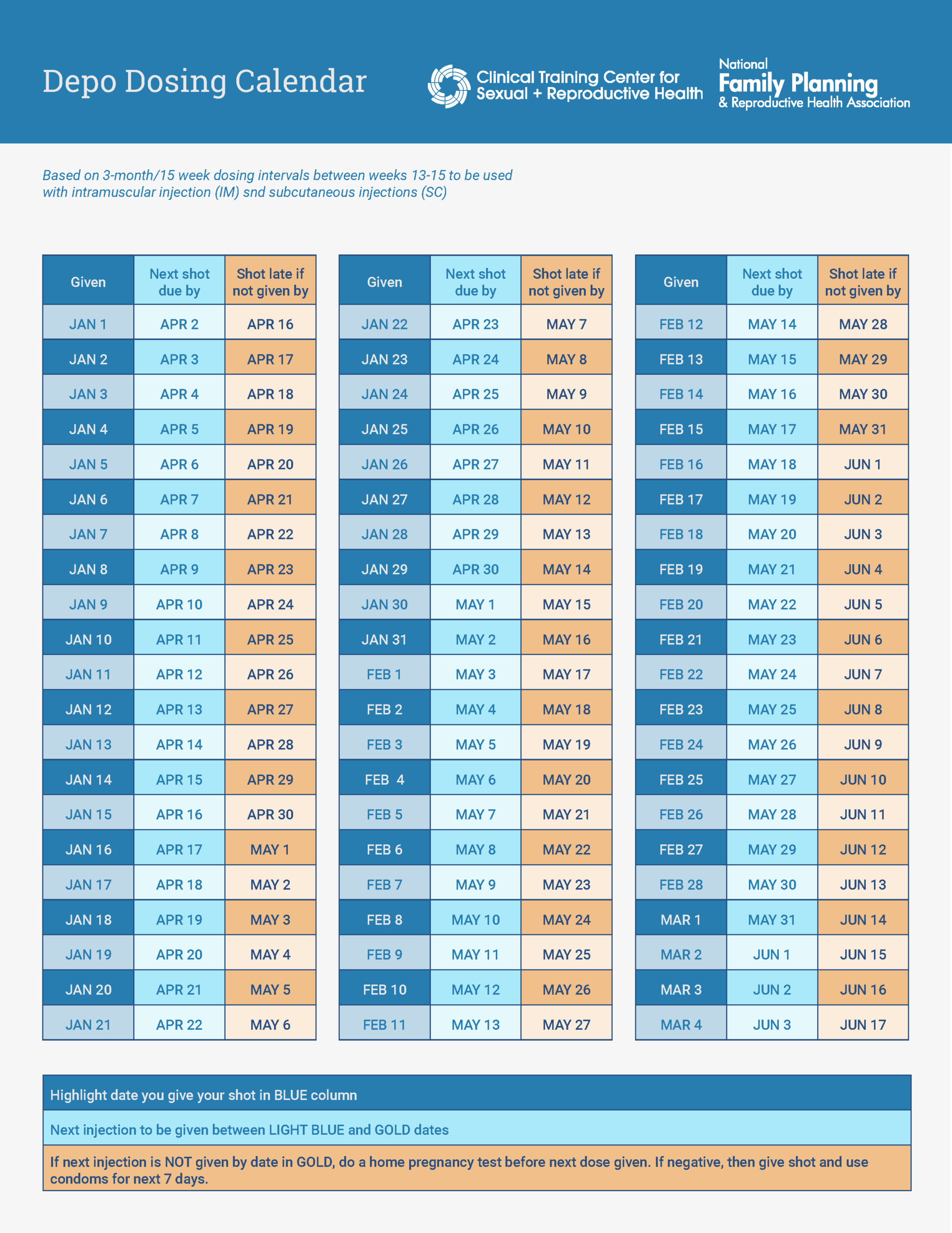 Depo Dosing Calendar The Clinical Training Center For Sexual Reproductive Health