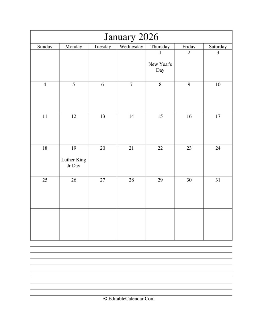 Download 2026 Calendar January With Holidays And Notes Portrait Word Version 
