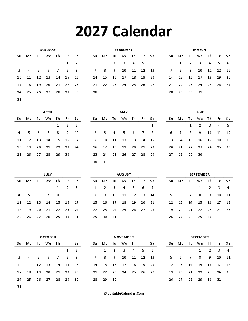 Download 2027 Free Printable Calendar Editable PDF Version 