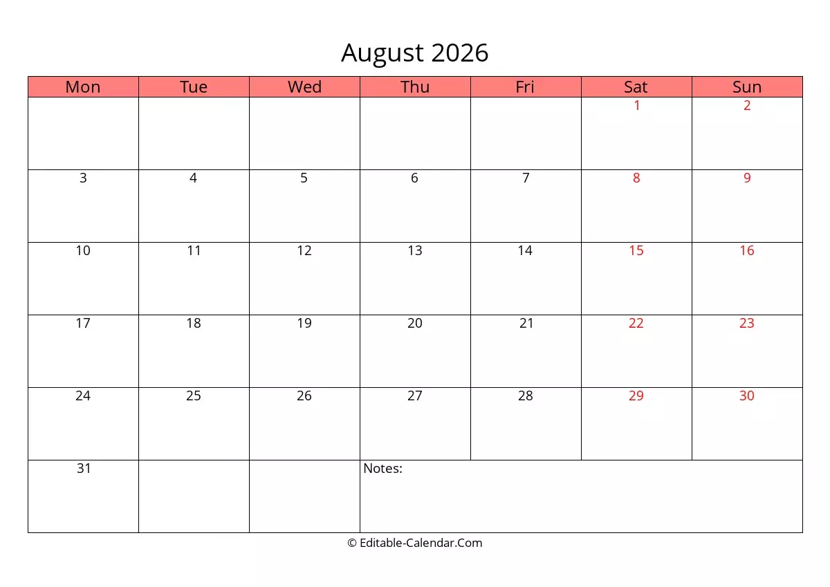 Download Free Editable Calendar August 2026 With Notes Monday Start