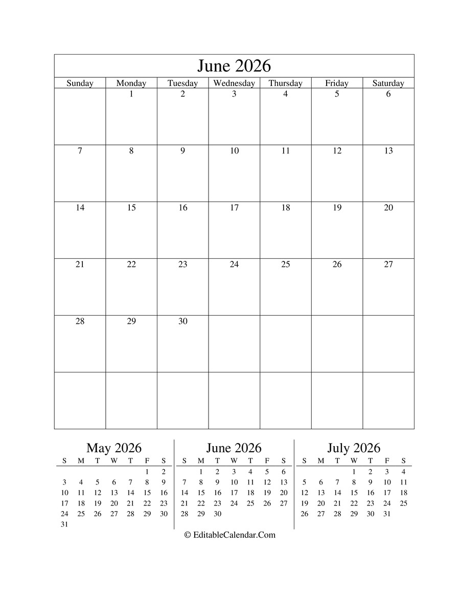 June 2026 Monthly Calendar Printable
