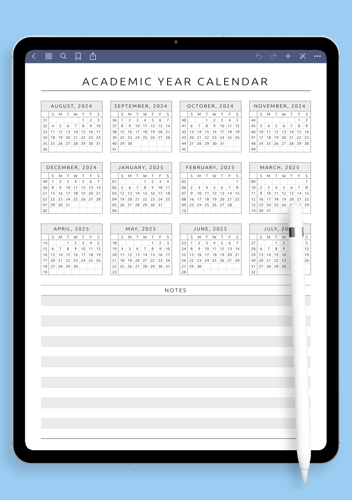 Download Printable Academic Year At a Glance Calendar Template PDF