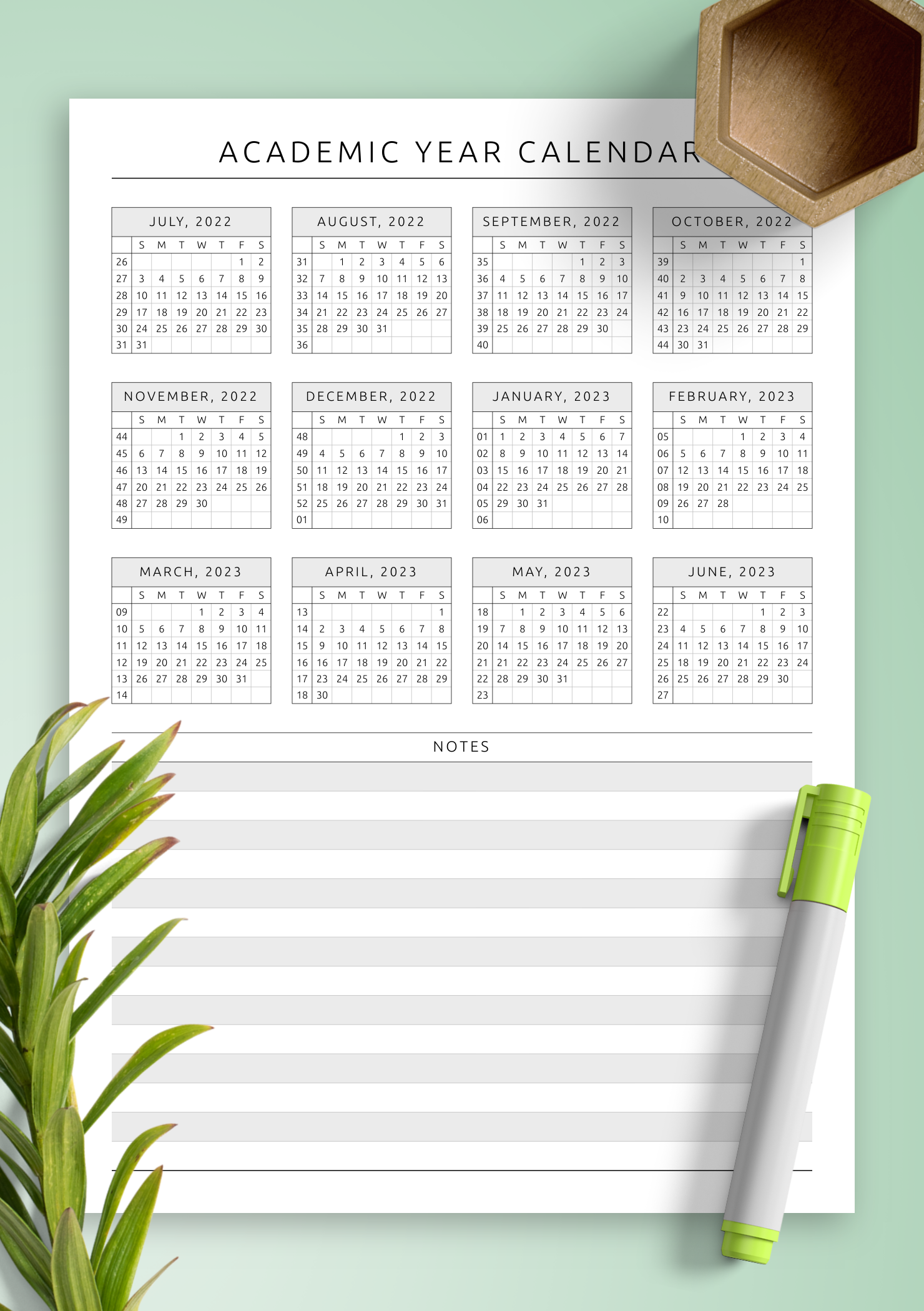 Download Printable Academic Year At a Glance Calendar Template PDF