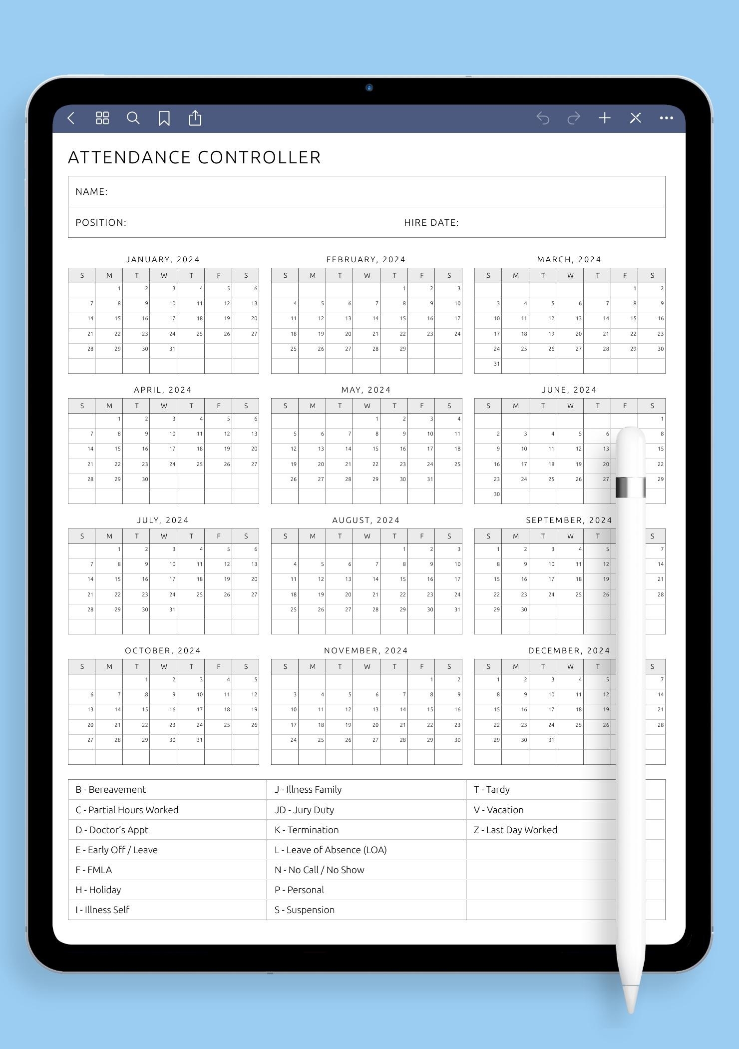 Download Printable Attendance Controller Template PDF Download Printable Attendance Controller Template PDF