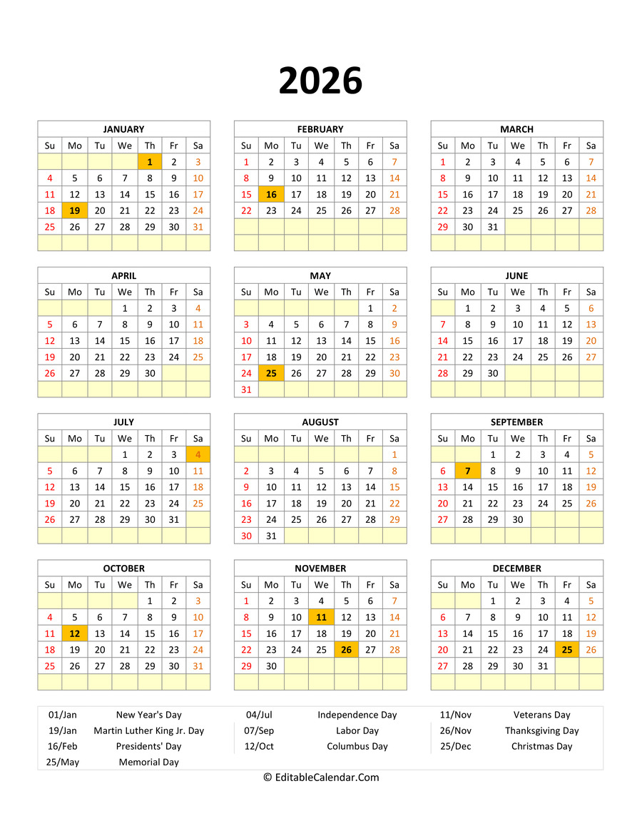Editable 2026 Calendar With With Holidays