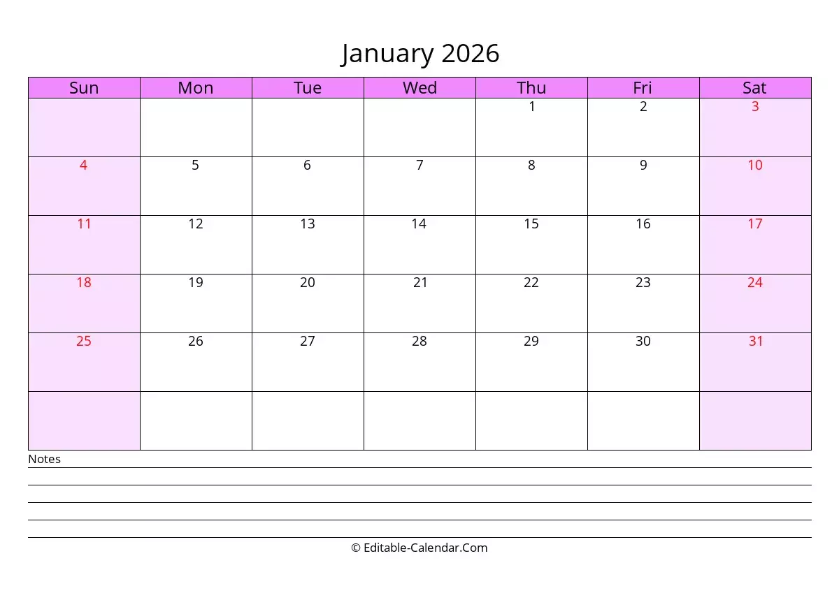 Editable Calendar January 2026 In Excel Word PDF Editable Calendar January 2026 In Excel Word PDF