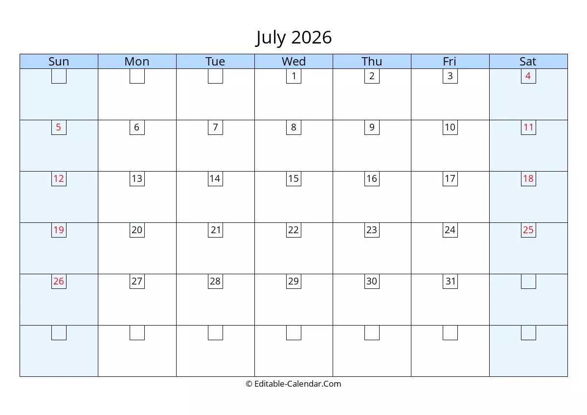 Printable Calendar July 2026 With Holidays Printable Calendar July 2026 With Holidays