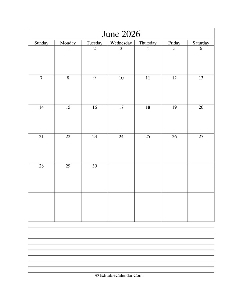Free Printable June 2026 Calendar