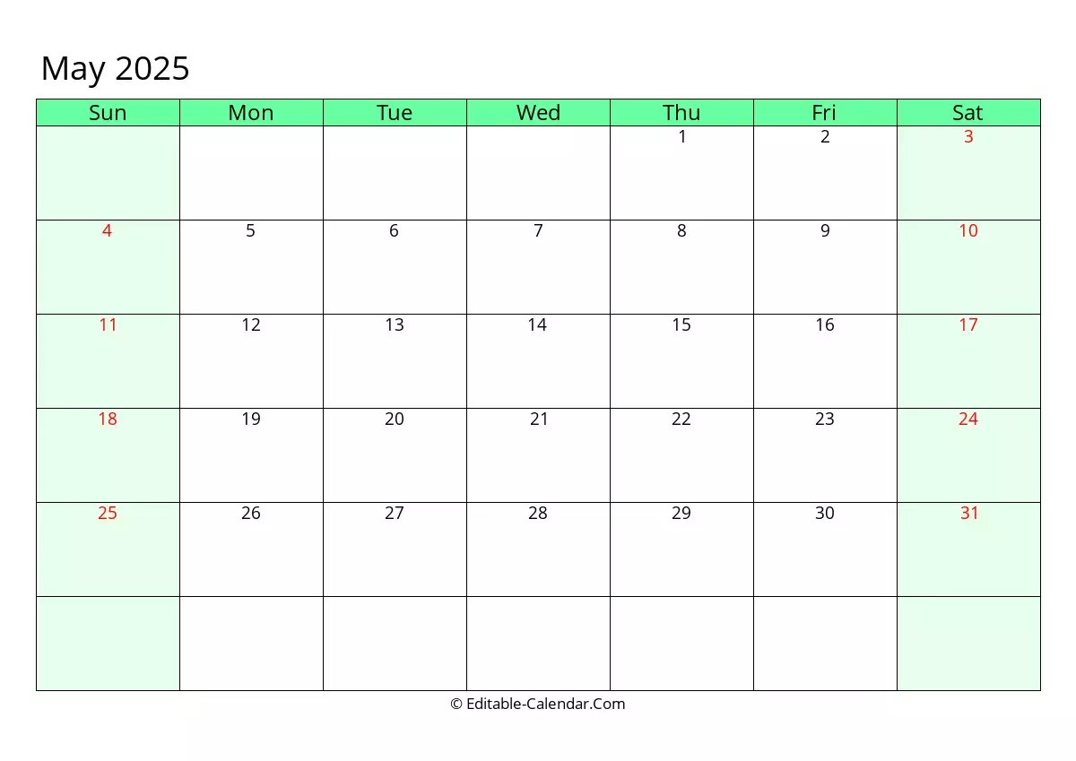 Editable Calendar May 2025 In Excel Word PDF