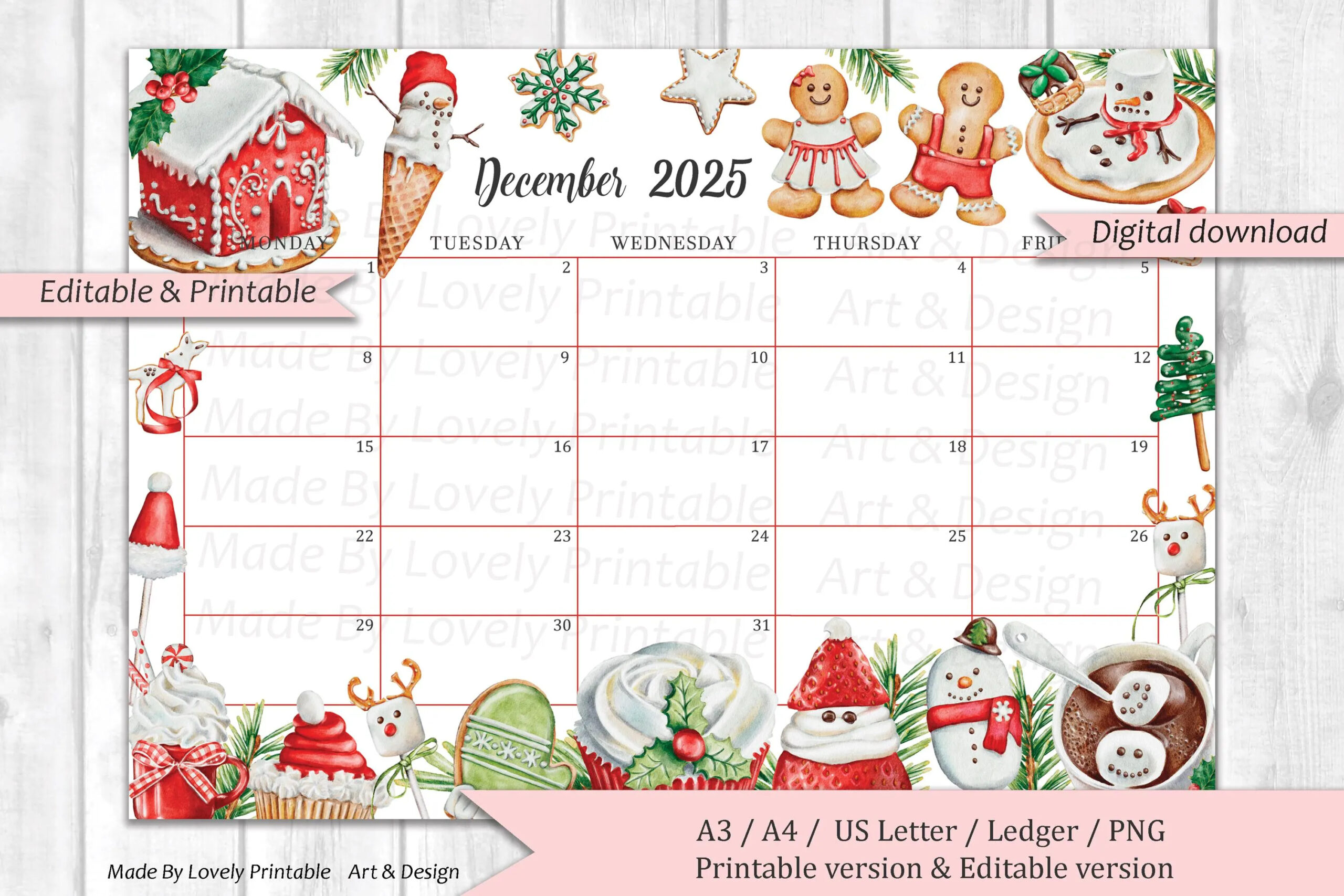EDITABLE December 2025 Calendar Christmas Sweets Drinks mon fri Weekdays Only Printable Monthly Calendar Christmas Planner Kids Etsy