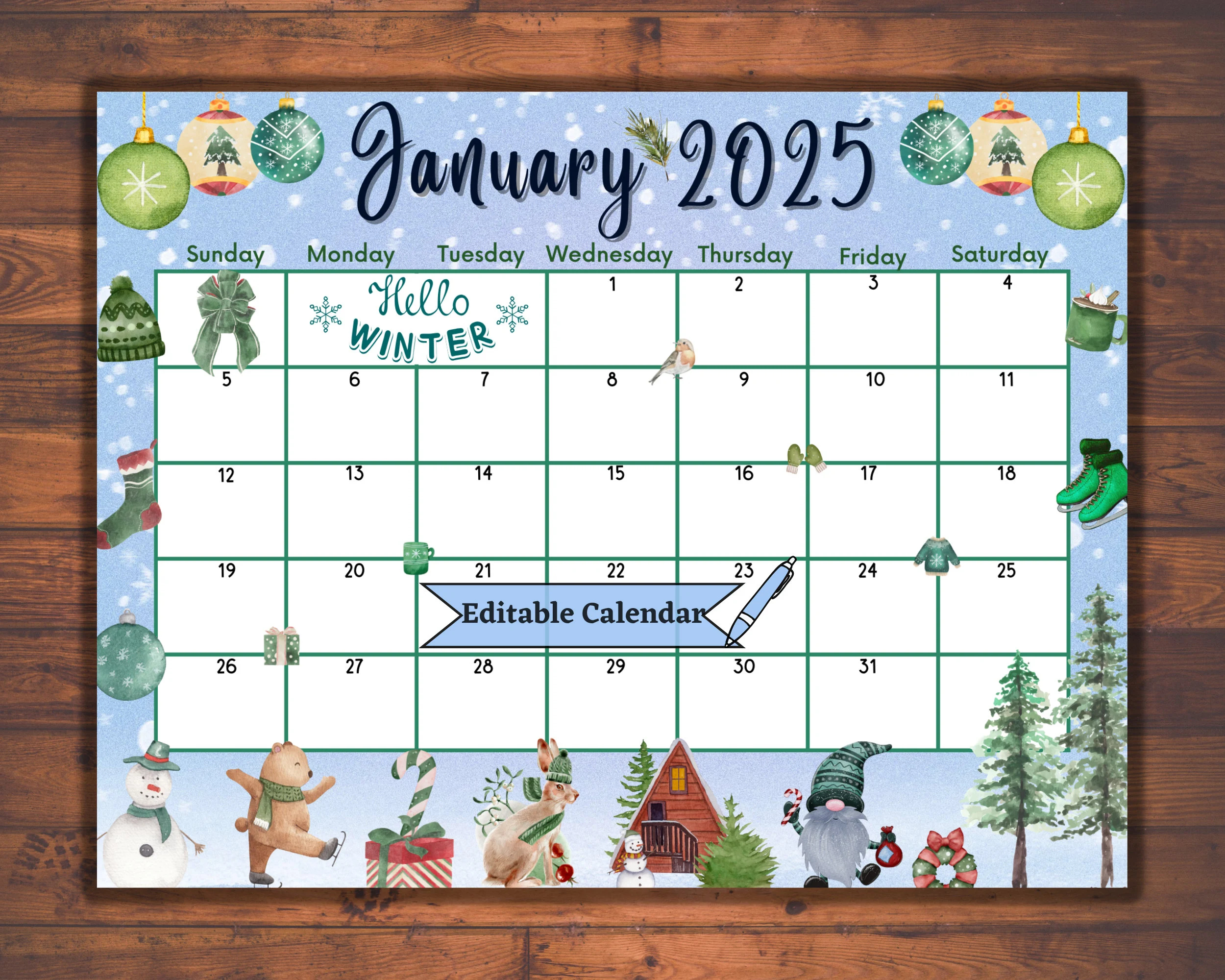 Editable Fillable January 2025 Calendar For Happy New Year Colorful Printable Month Planner Cute Animals Winter Classroom Agenda For Kids Etsy
