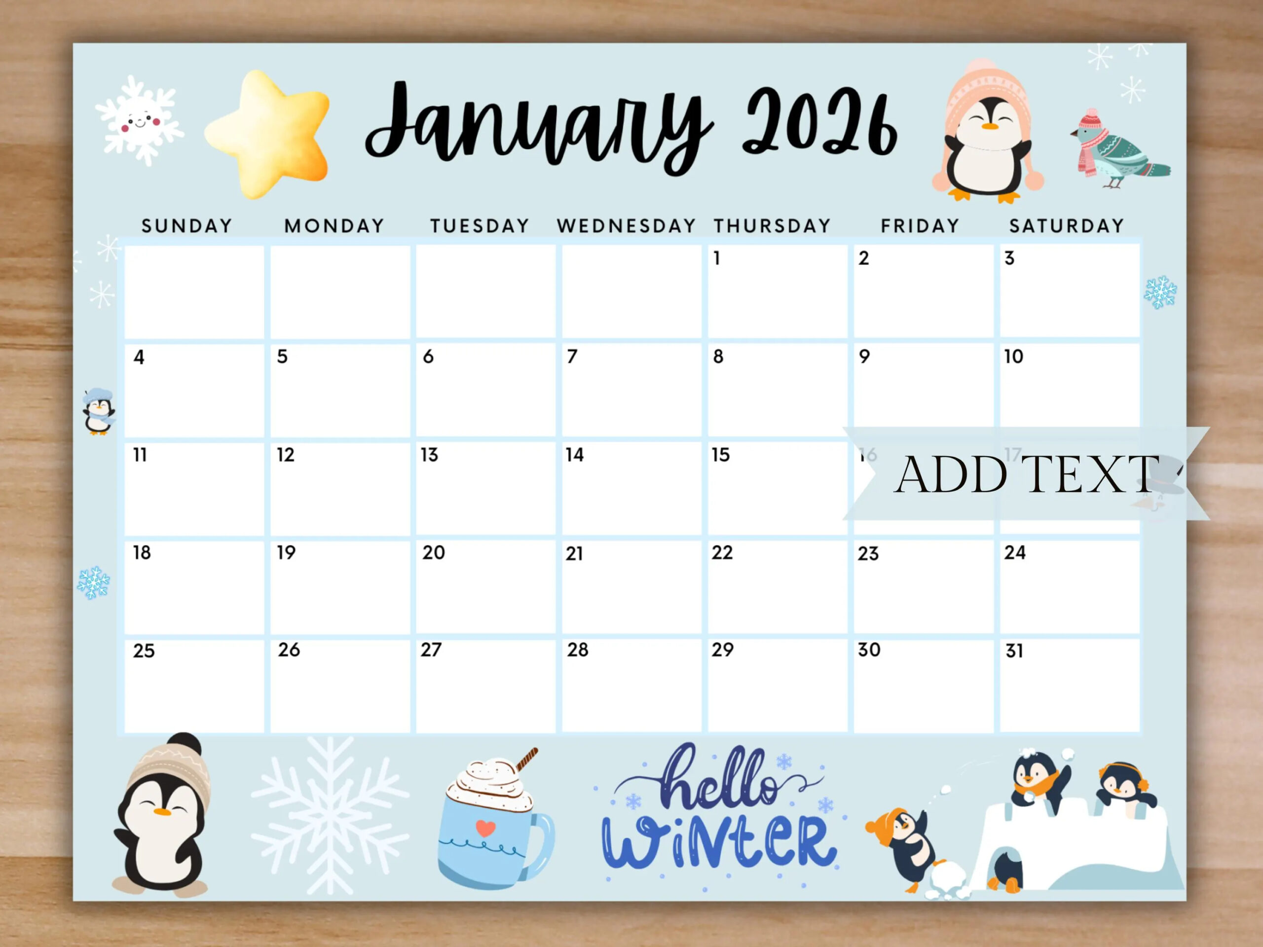 Editable January Calendar 2026 Printable Calendar W Cute Blue Winter Happy New Year Homeschool Calendar january Planner Monthly Calendar Etsy