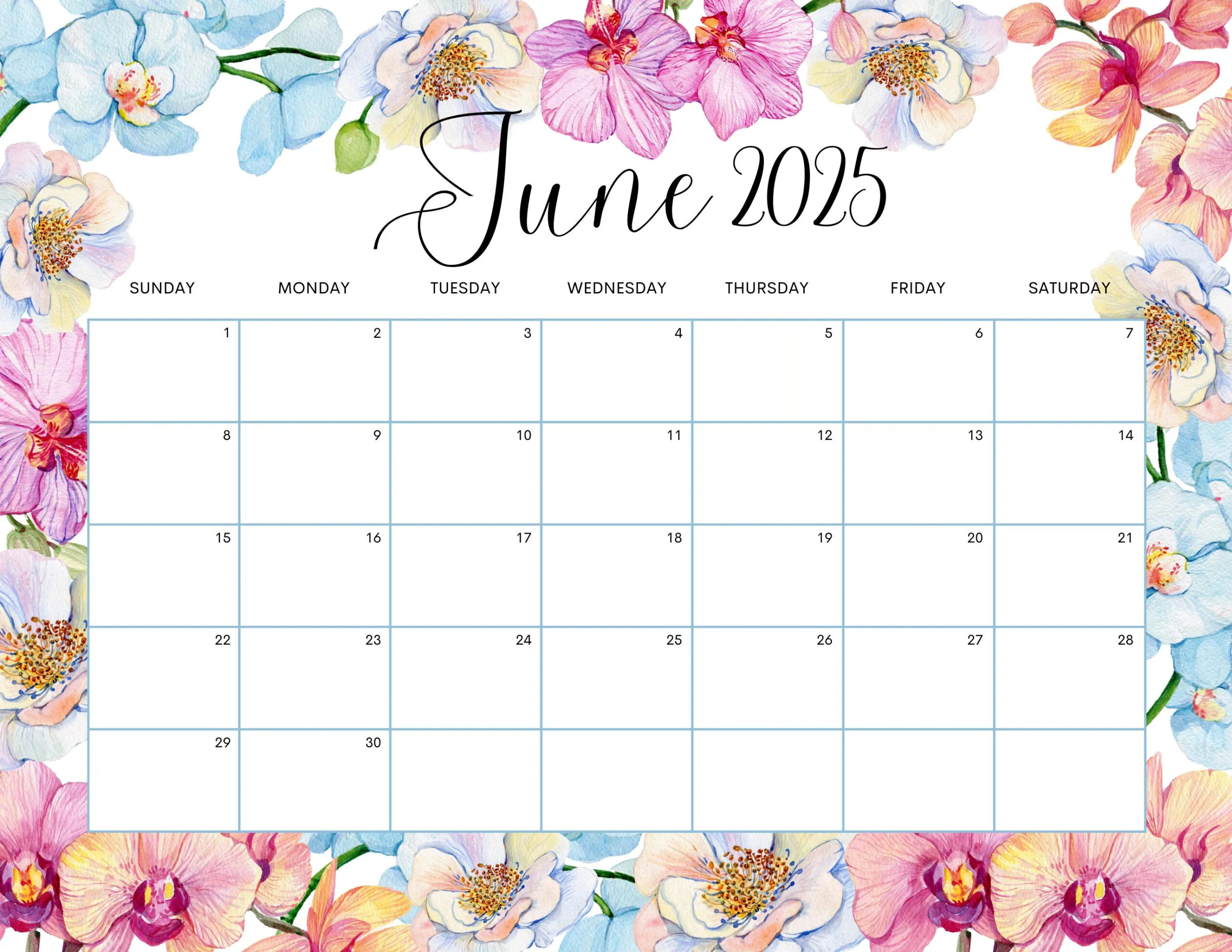 EDITABLE June 2025 Calendar Beautiful Spring Wall Calendar 2025 Watercolor Floral Calendar Printable Monthly Schedule Kids School Work Etsy