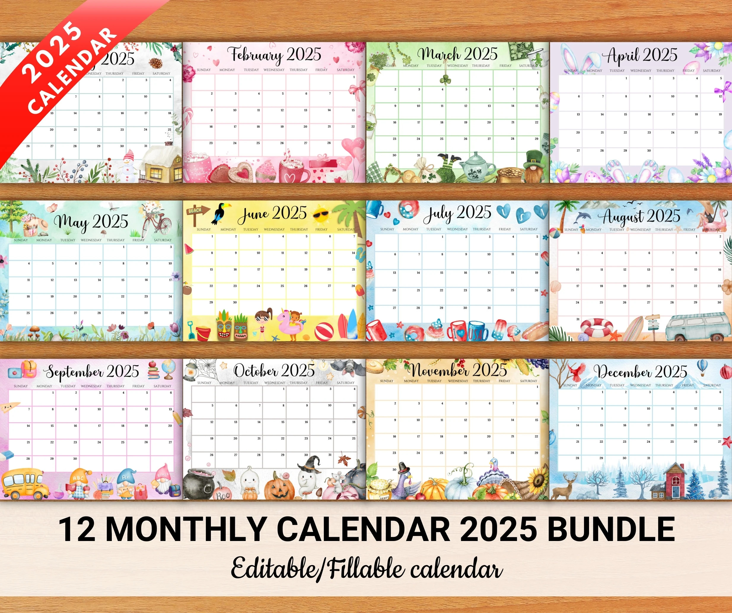 EDITABLE Monthly Calendar 2025 12 Beautiful Printable Monthly Calendar 2025 Cute 2025 Planner For Home School Office Instant Download Etsy