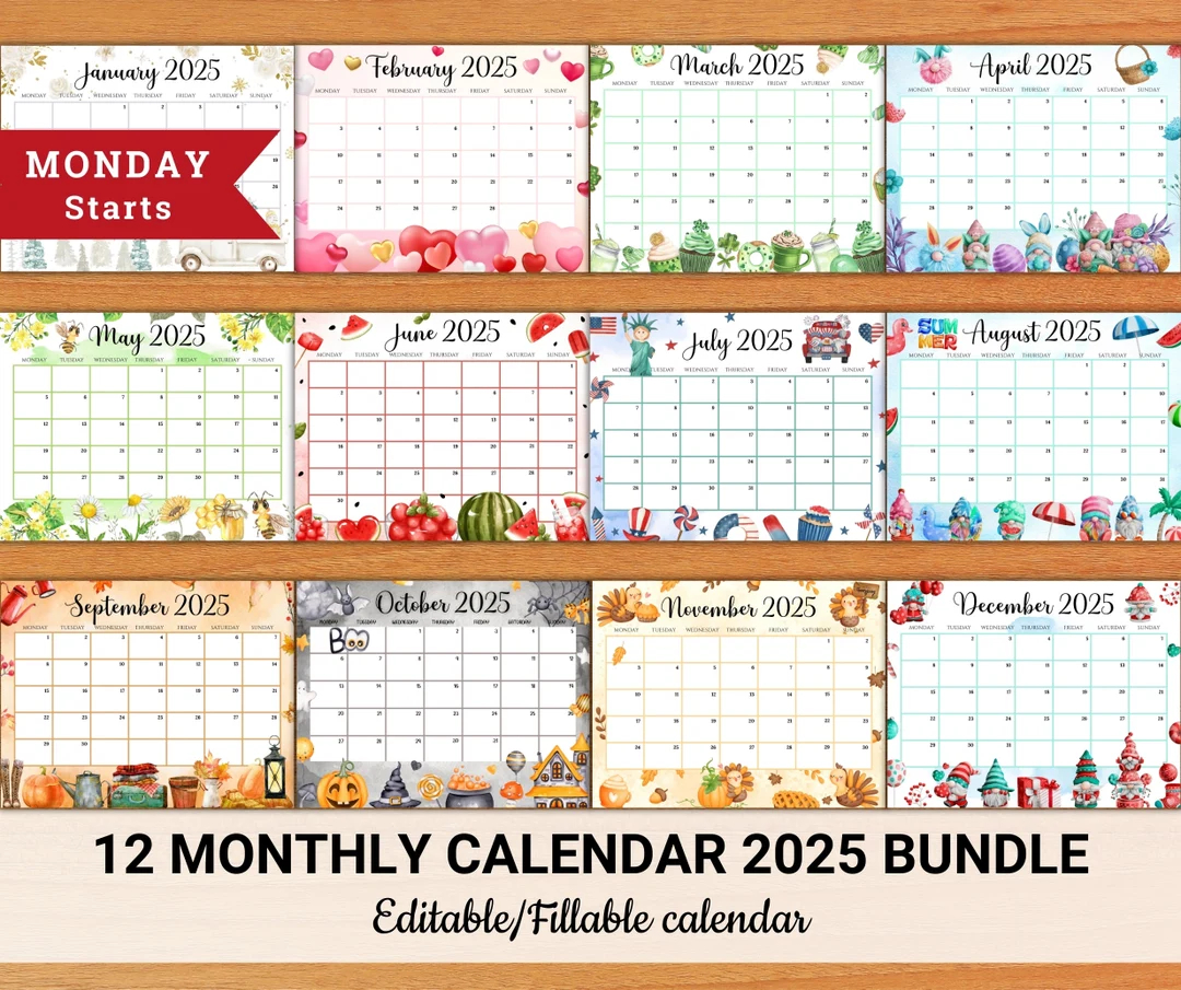 EDITABLE Monthly Calendar 2025 Bundle monday Starts Cute Printable Fillable Monthly Calendar 2025 Editable PDF Calendar Digital Download Etsy