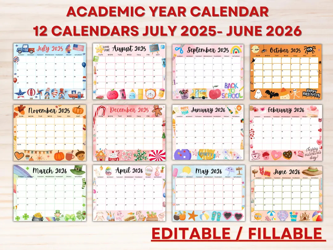 Editable School Calendar 2025 2026 From July To June Printable Kids School Schedule Monthly Homeschool Calendar Classroom Calendar cute Etsy