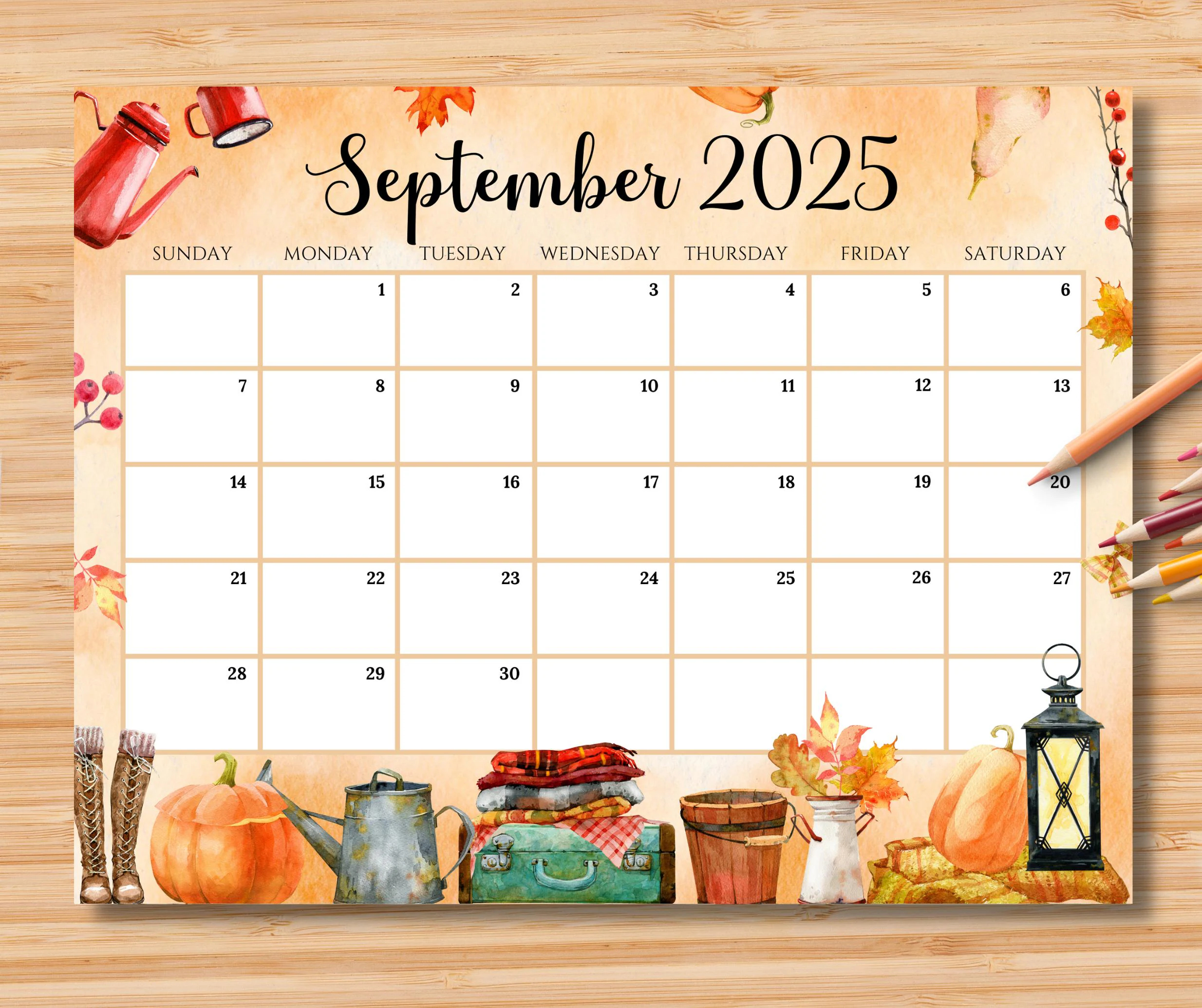 Editable September 2025 Calendar Cozy Fall Printable instant Download Etsy
