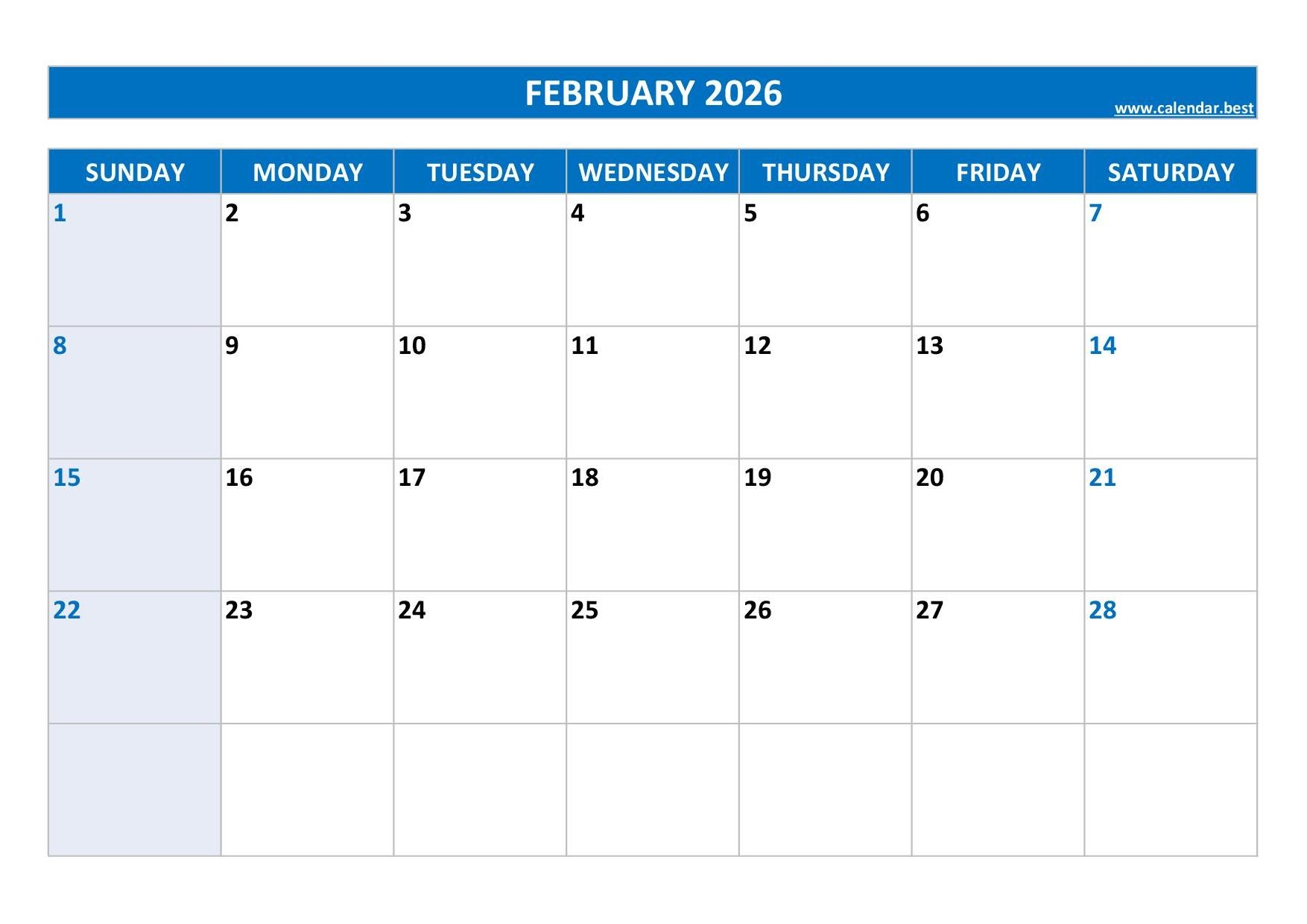Printable Monthly Calendar February 2026 Printable Monthly Calendar February 2026