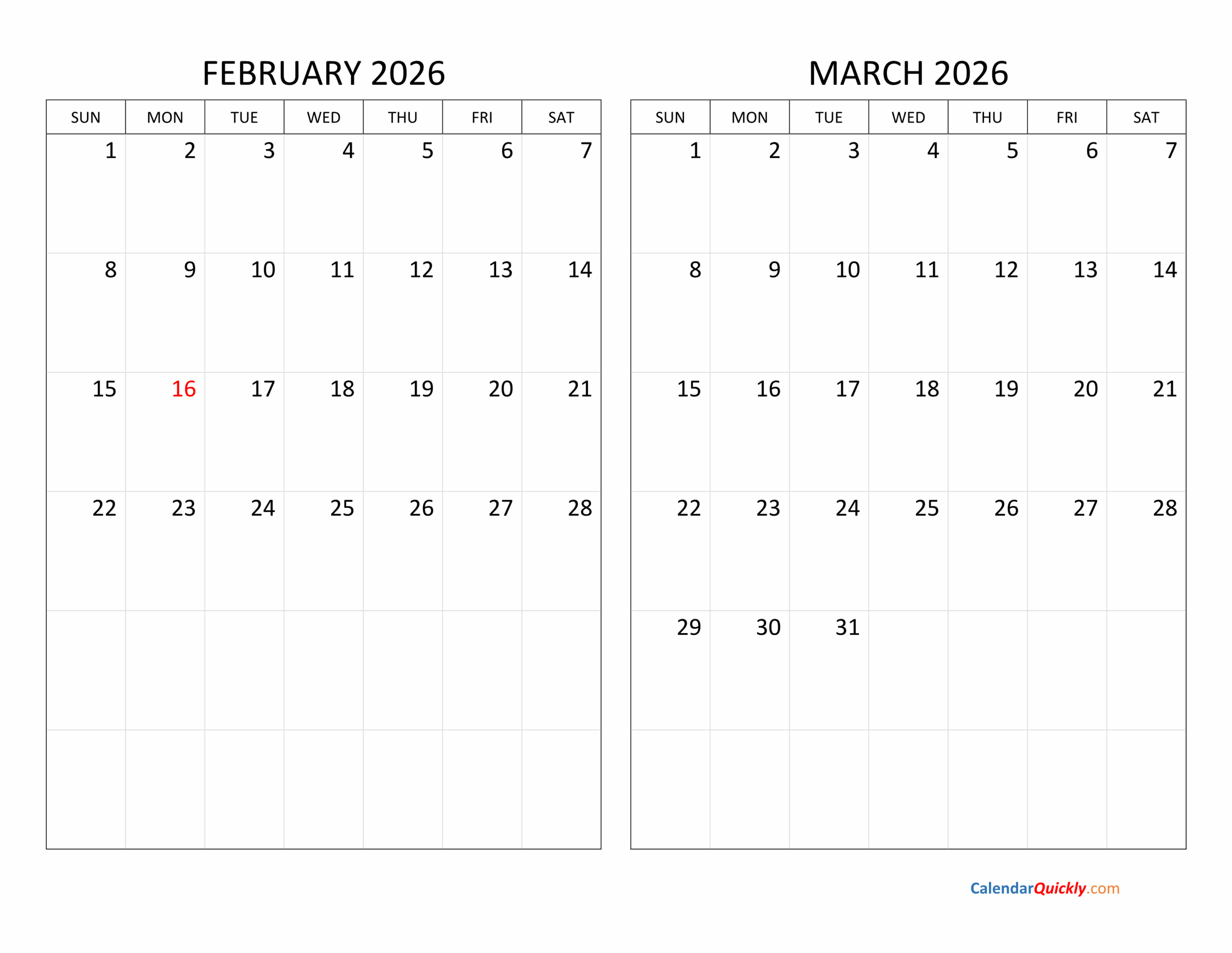 Free Printable Monthly Calendar February 2026