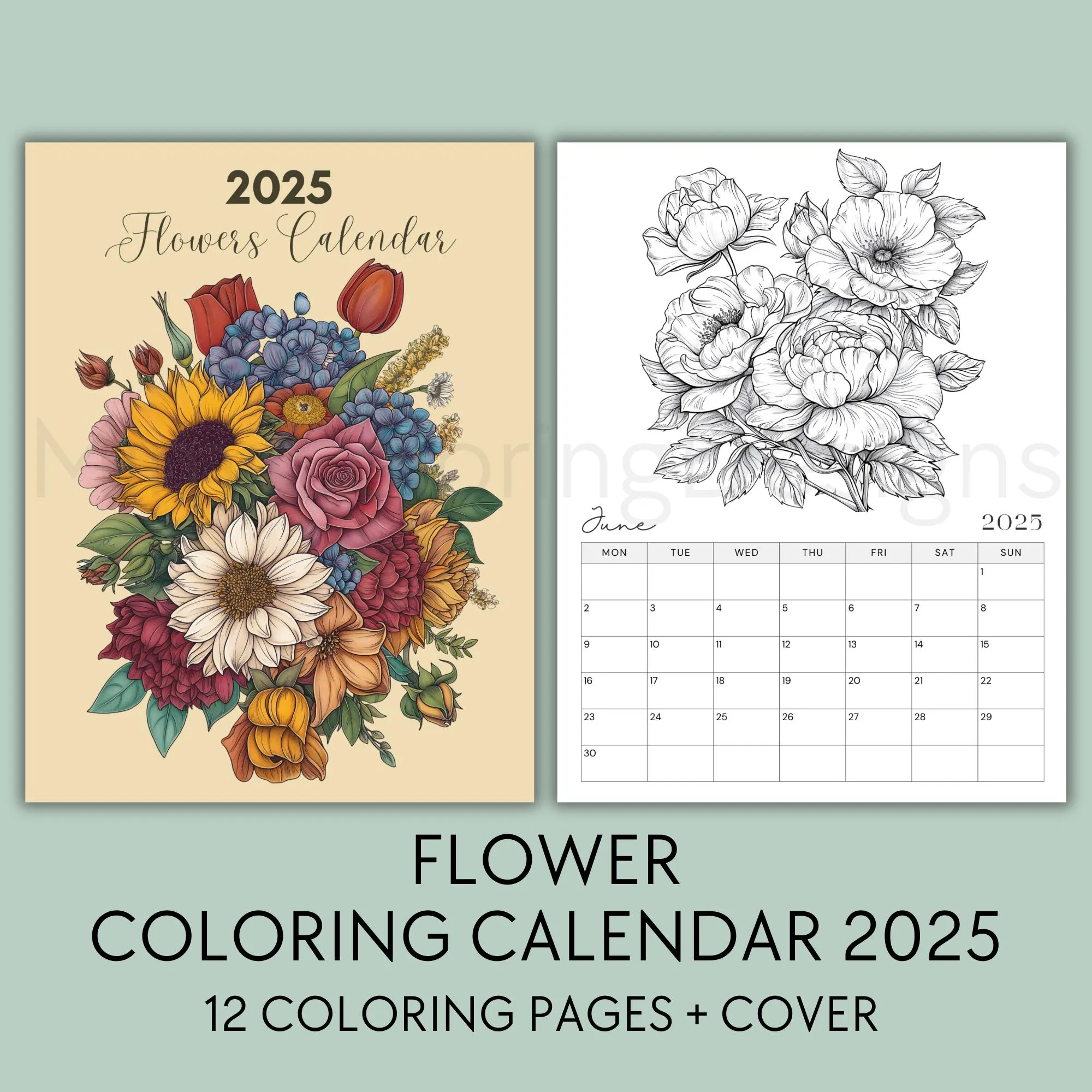 Floral Coloring Calendar 2025 Printable 2025 Monthly Planner Flower Calendar Botanical Flower Lover Gift Wall Calendar Printable PDF Etsy