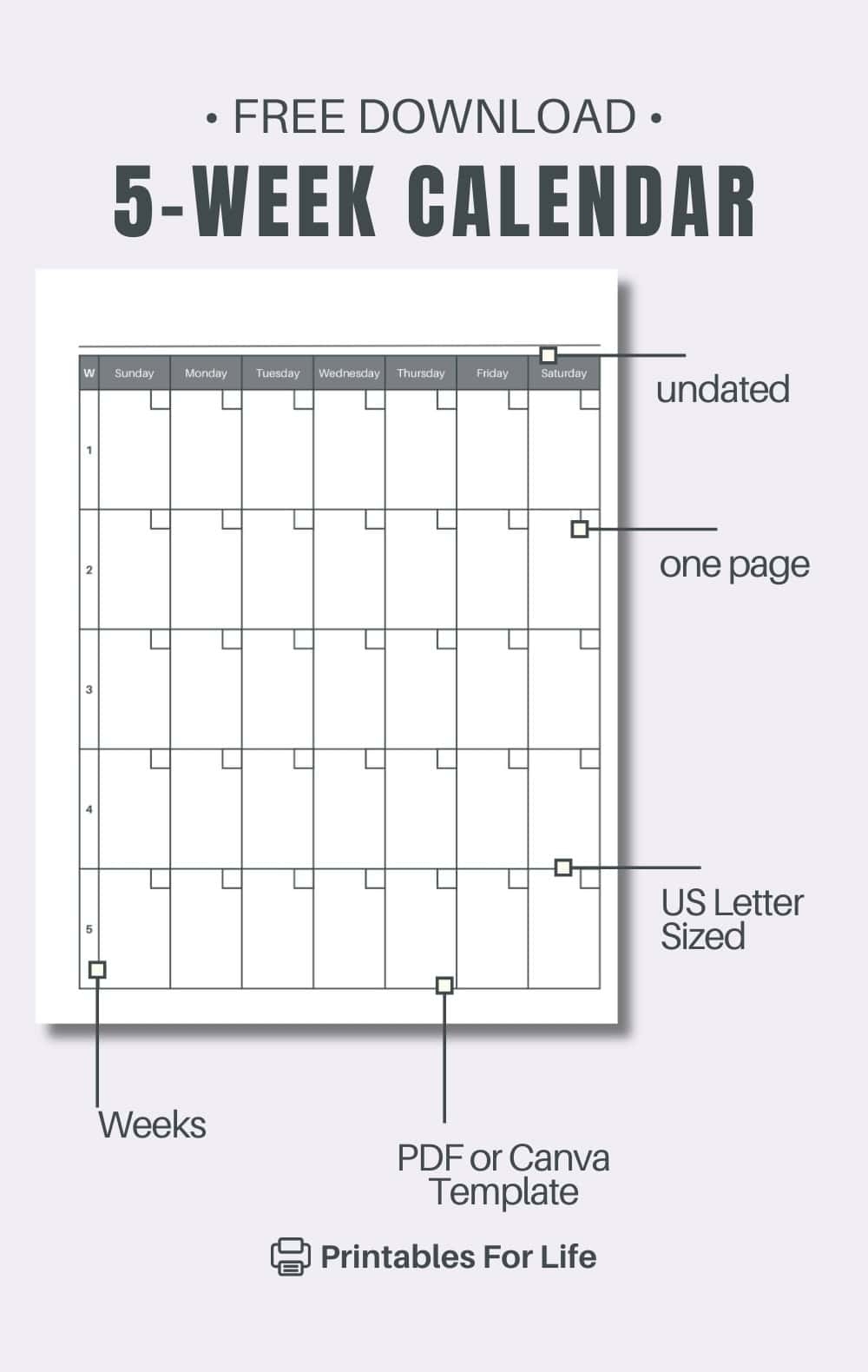 Free 5 Week Calendar Printable PDF