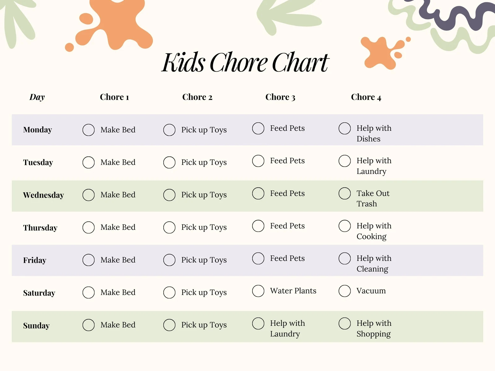 Free Customizable Chore Chart Templates To Print Canva