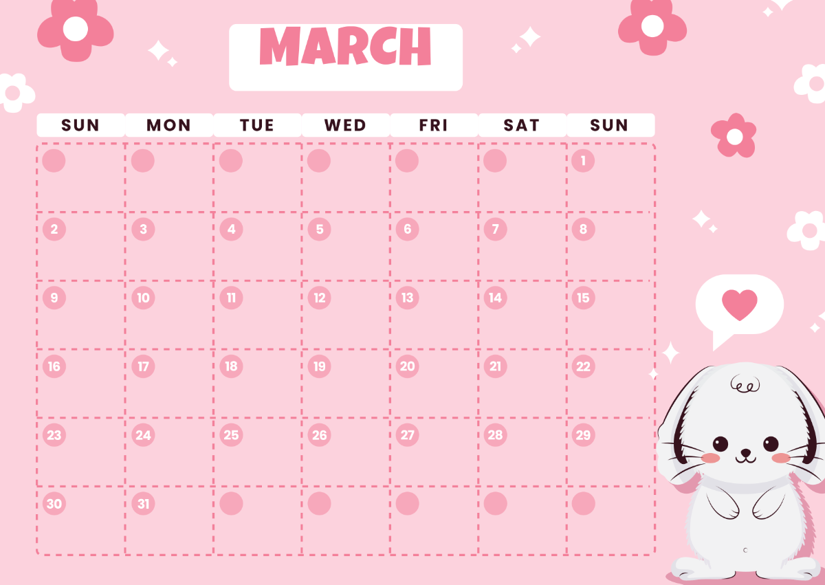 Free Cute March 2025 Calendar Template To Edit Online