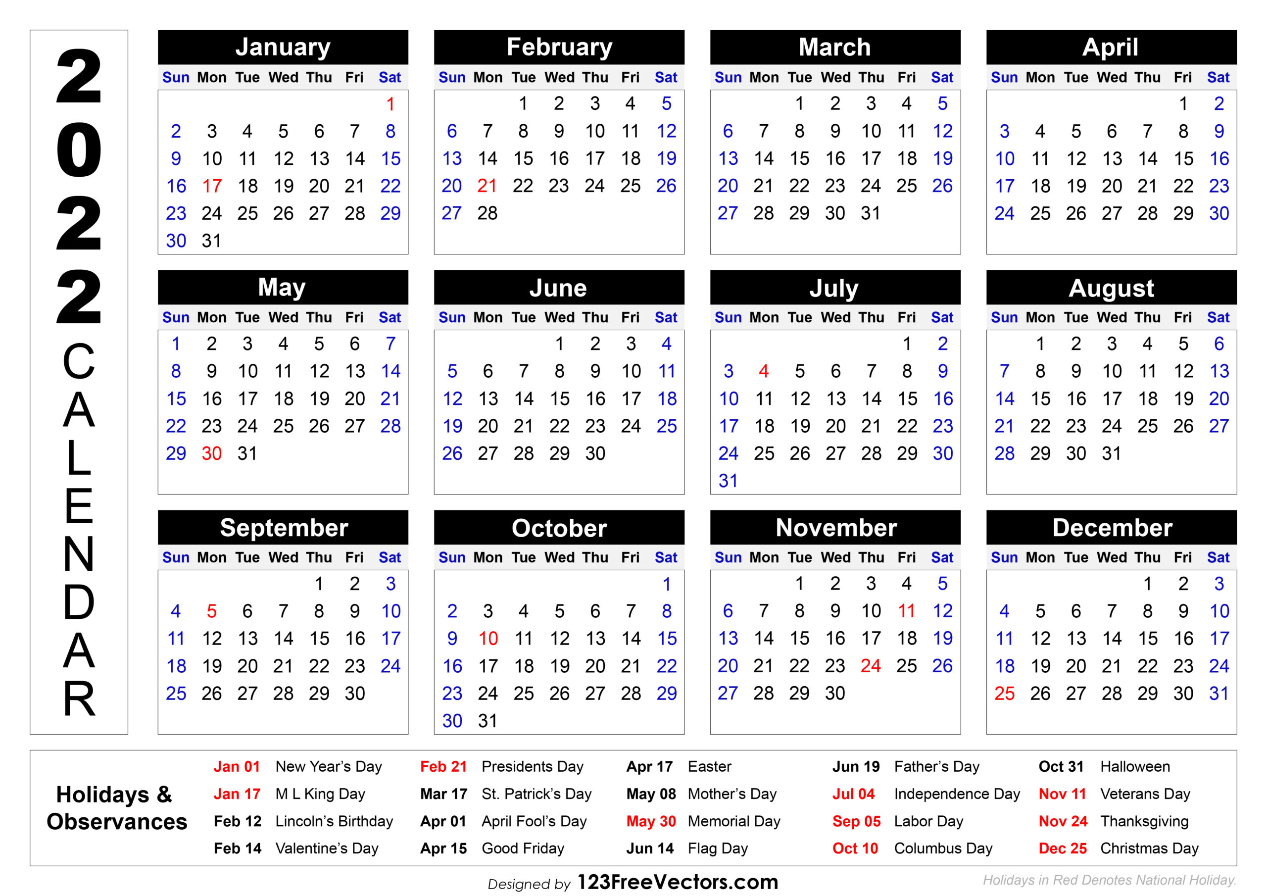 Free Download 2022 Printable Calendar With Holidays