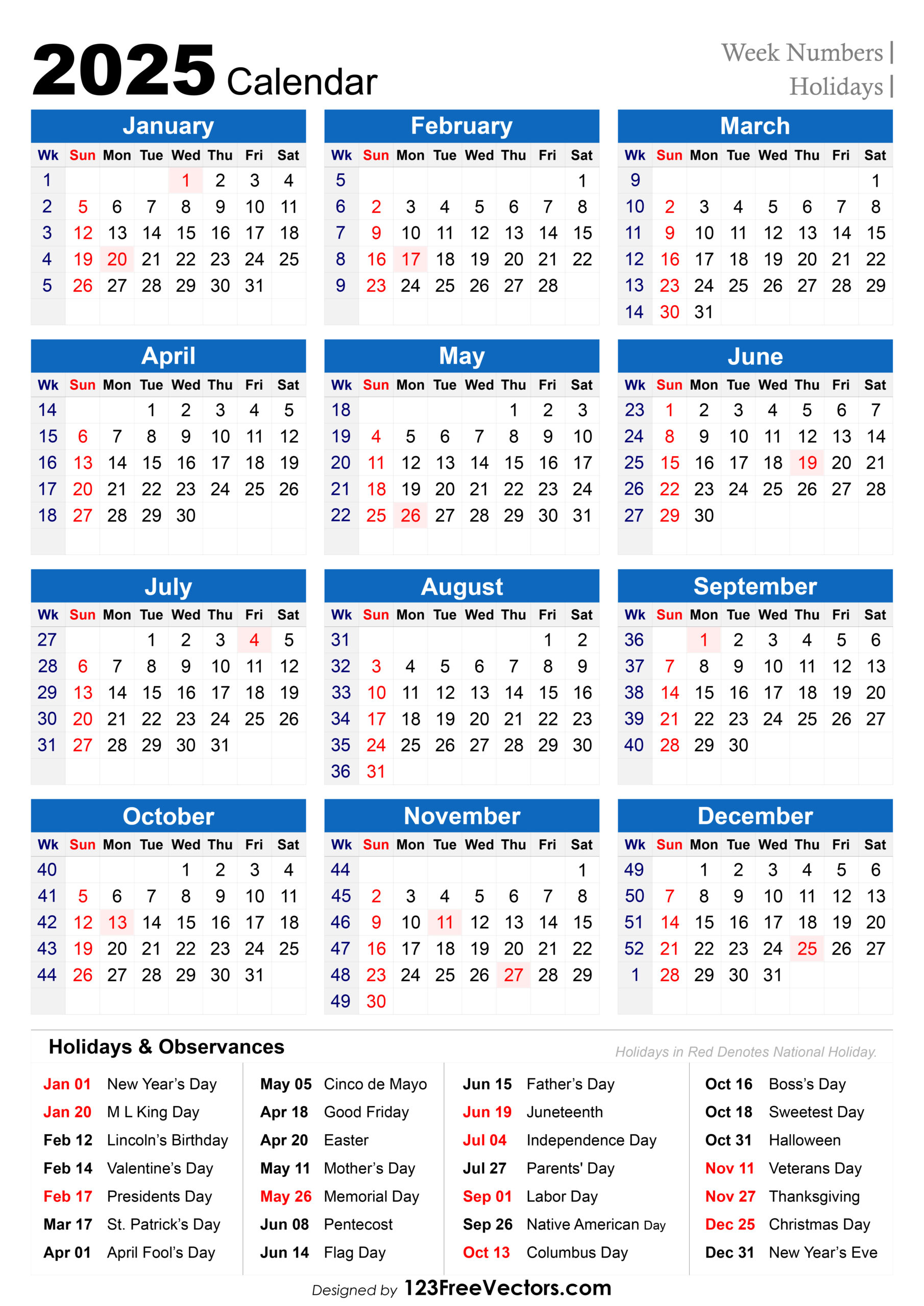 Free Download 2025 Holiday Calendar With Week Numbers