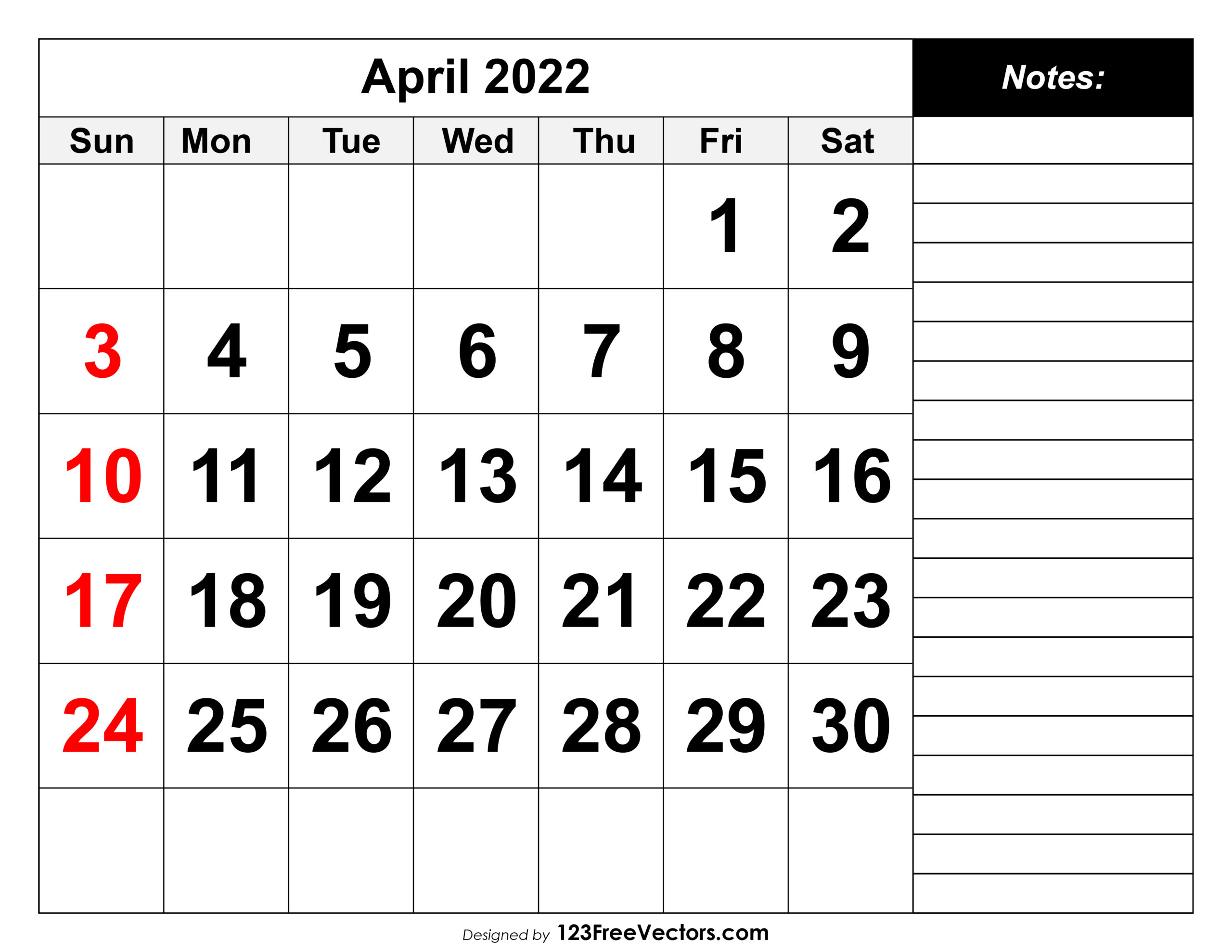 Free Download April 2022 Printable Calendar