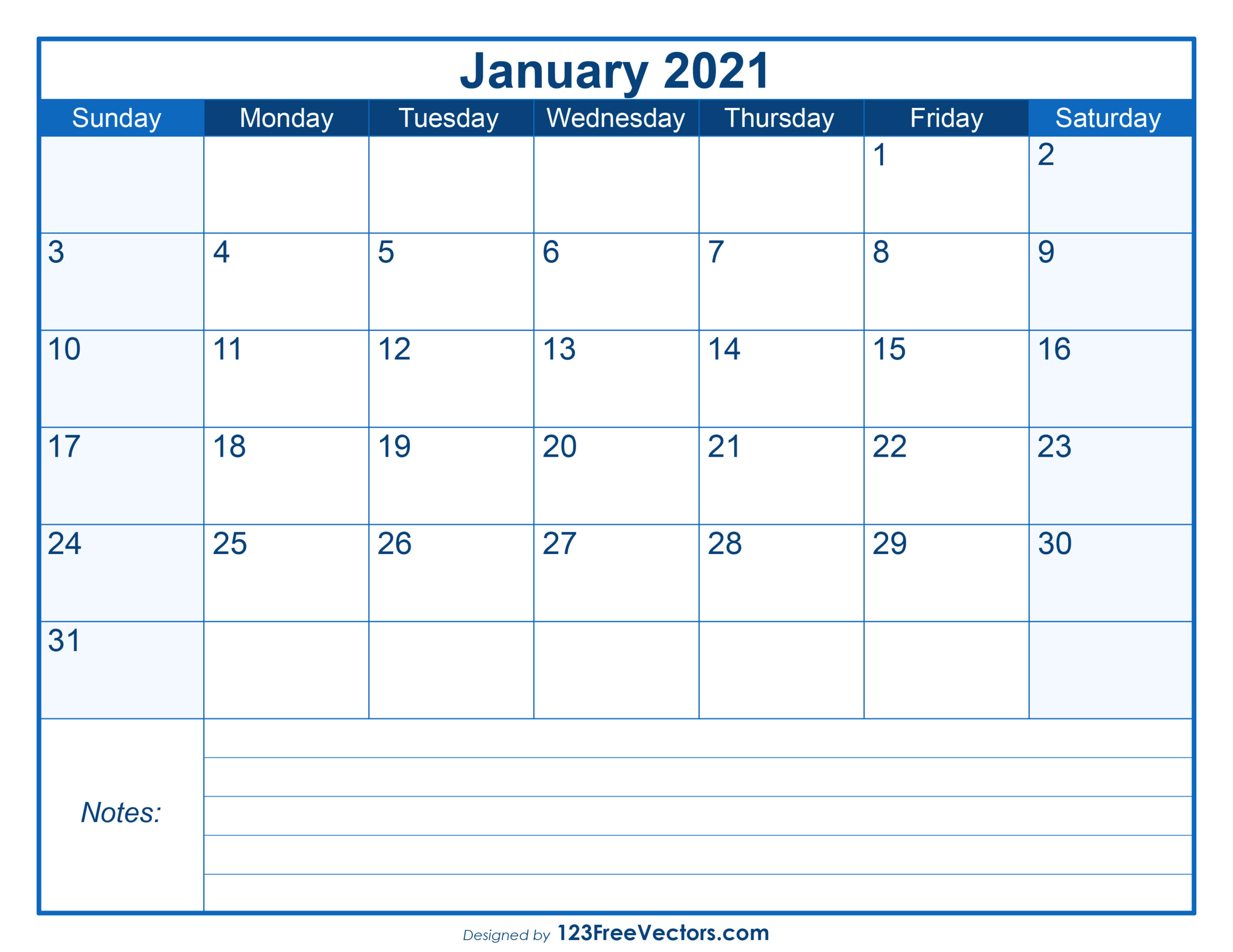 Free Download Blank Printable January Calendar 2021