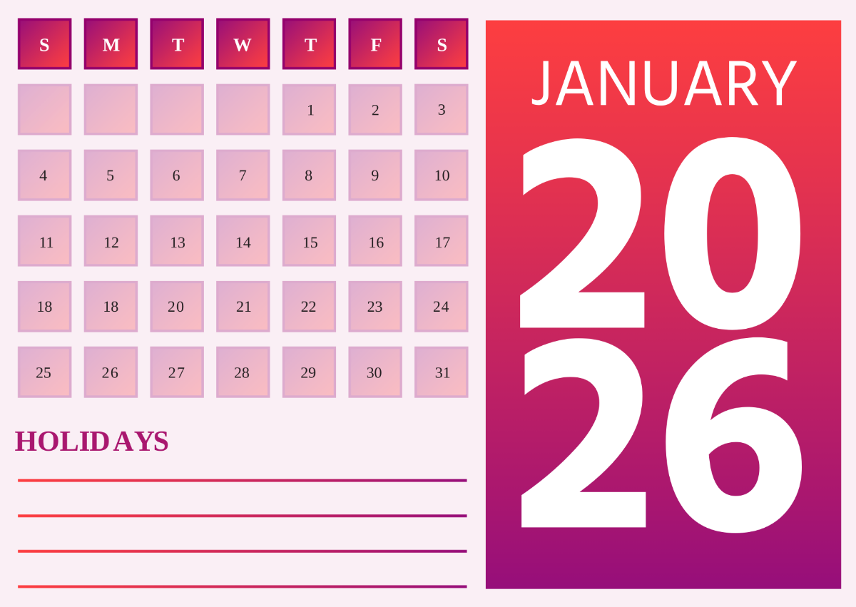 Free January 2026 Calendar With Holidays Template To Edit Online