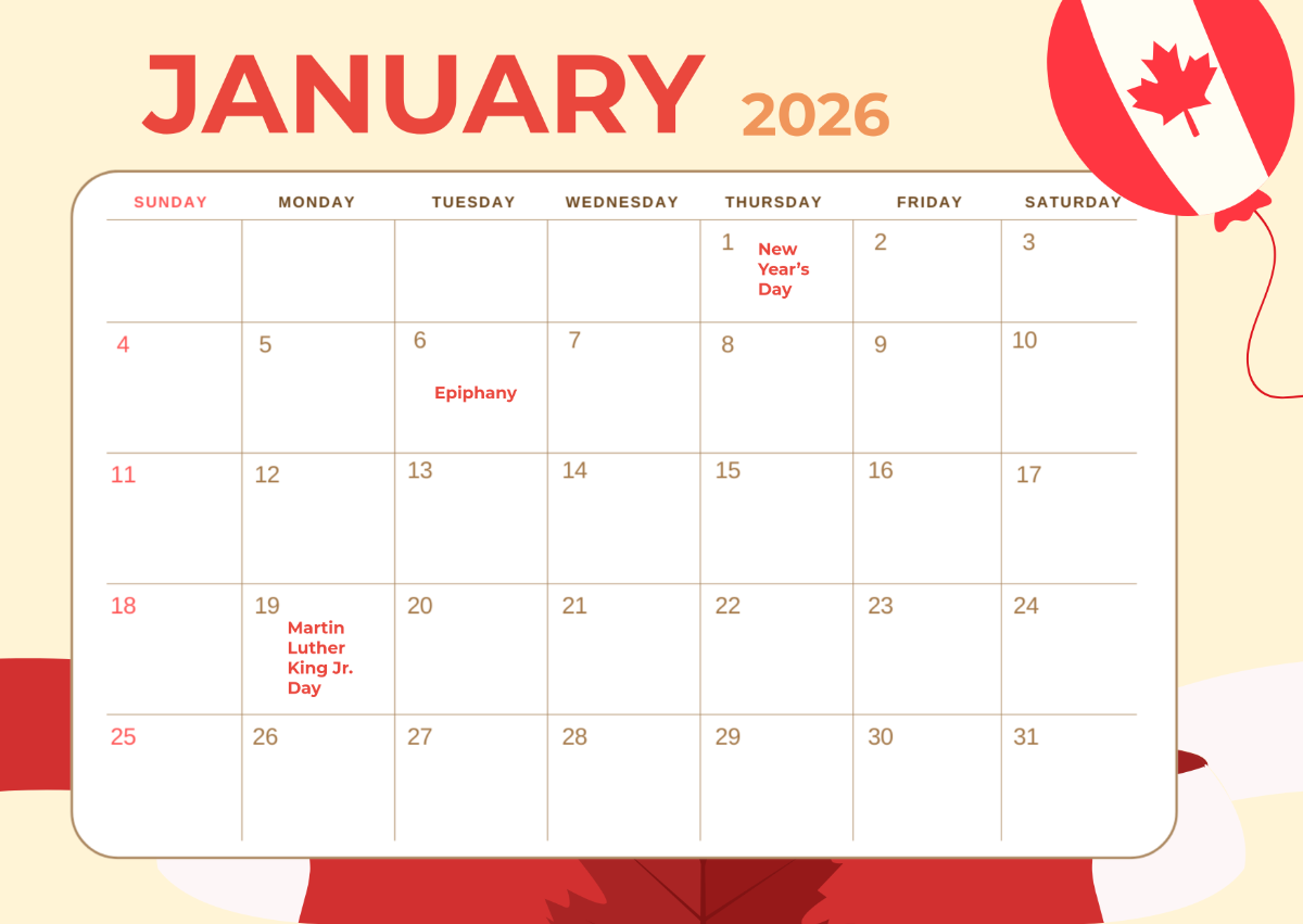 Free January 2026 Calendar With Holidays Template To Edit Online