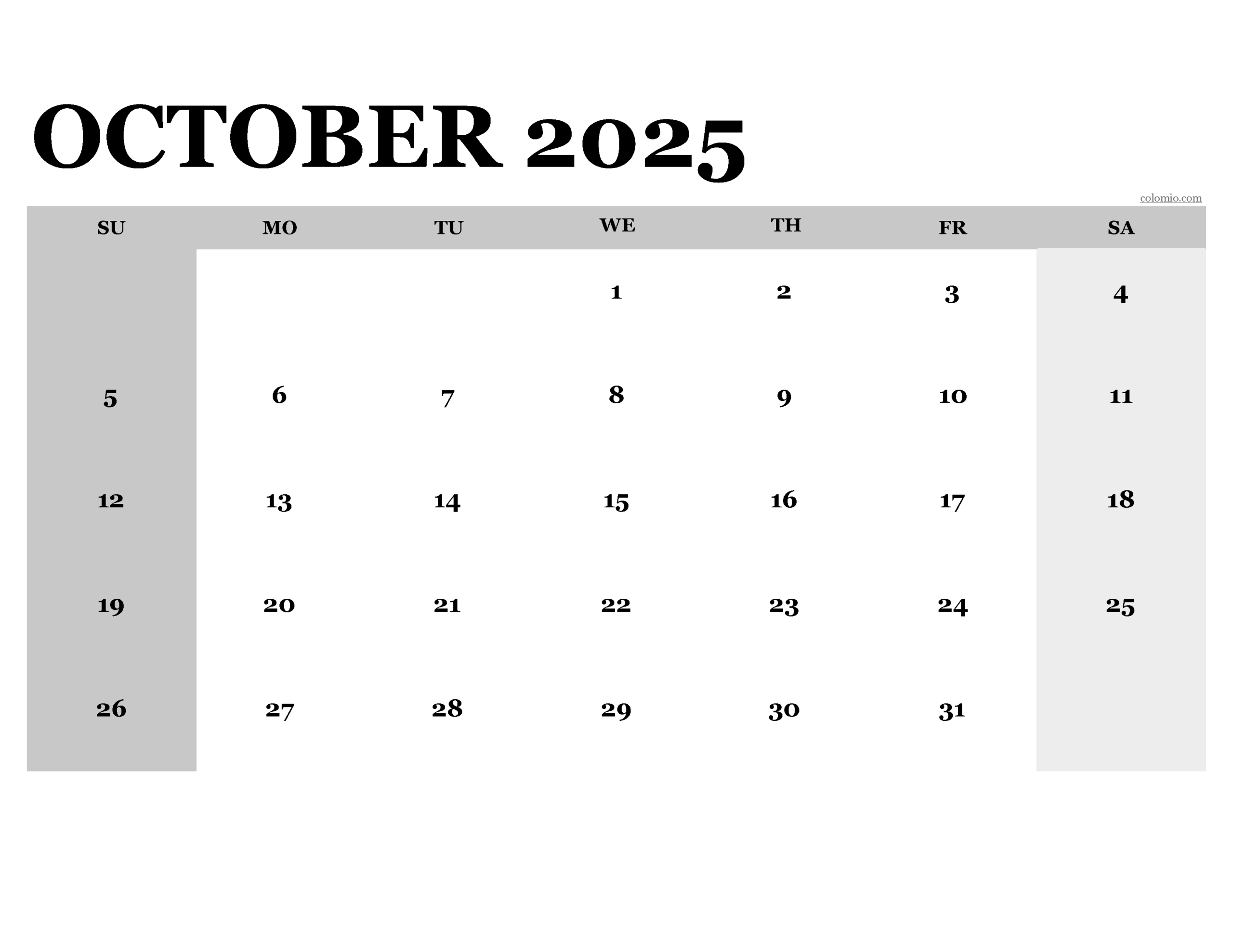 Free October 2025 Calendar Printable PDF XLS PNG Formats